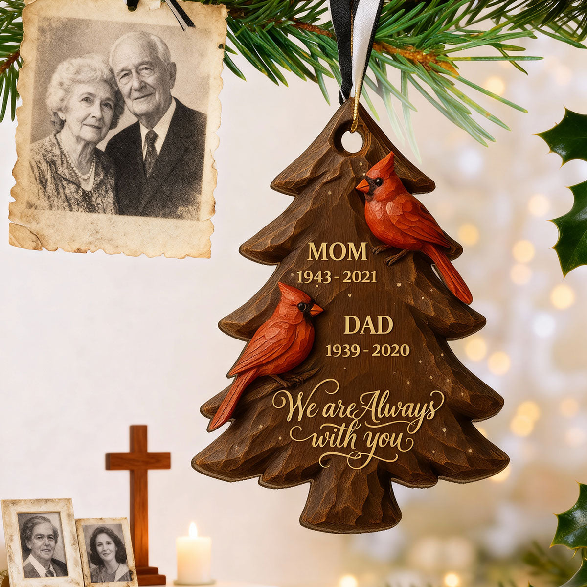 3D Effect Christmas Cardinals Memorial - Personalized Wooden Ornament - Remembrance Gift, Sympathy Gift