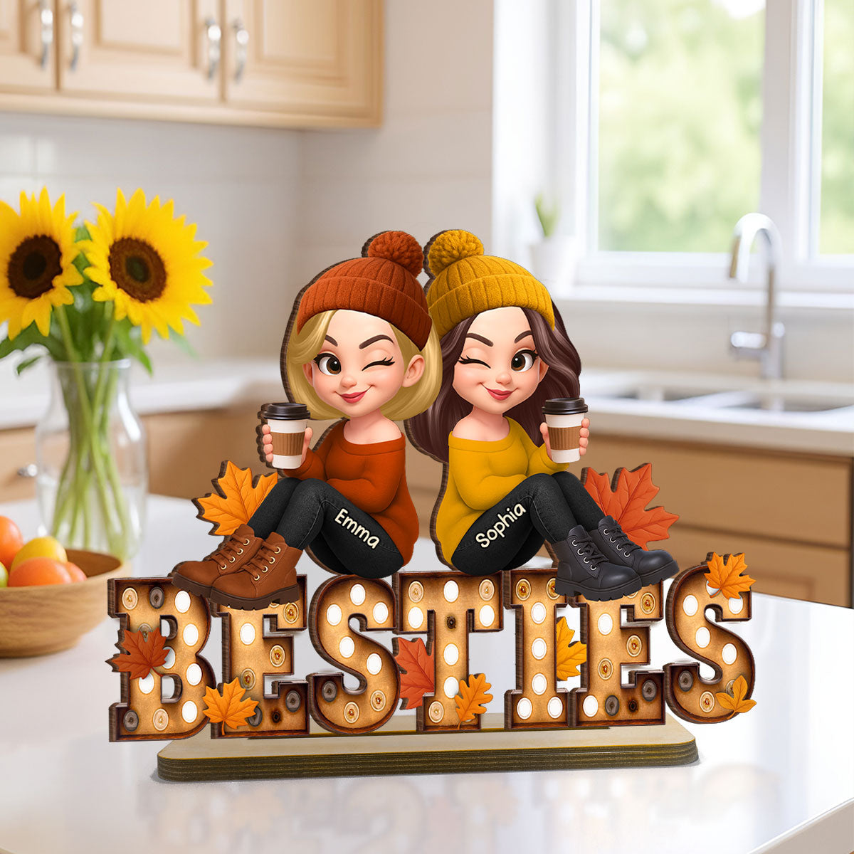 Fall Besties Sitting On Text Marquee Effect - Personalized 2-Layered Wooden Plaque - Meaningful Gift For Best Friend