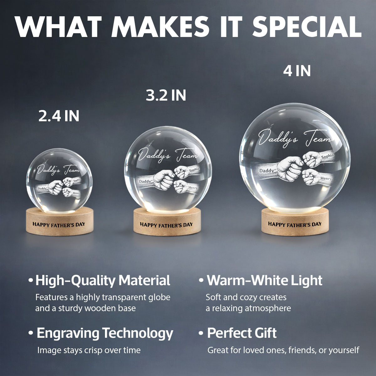 Daddy's Team Fist Bump - Personalized Crystal Ball LED Night Light -  Gift For Dad, Husband