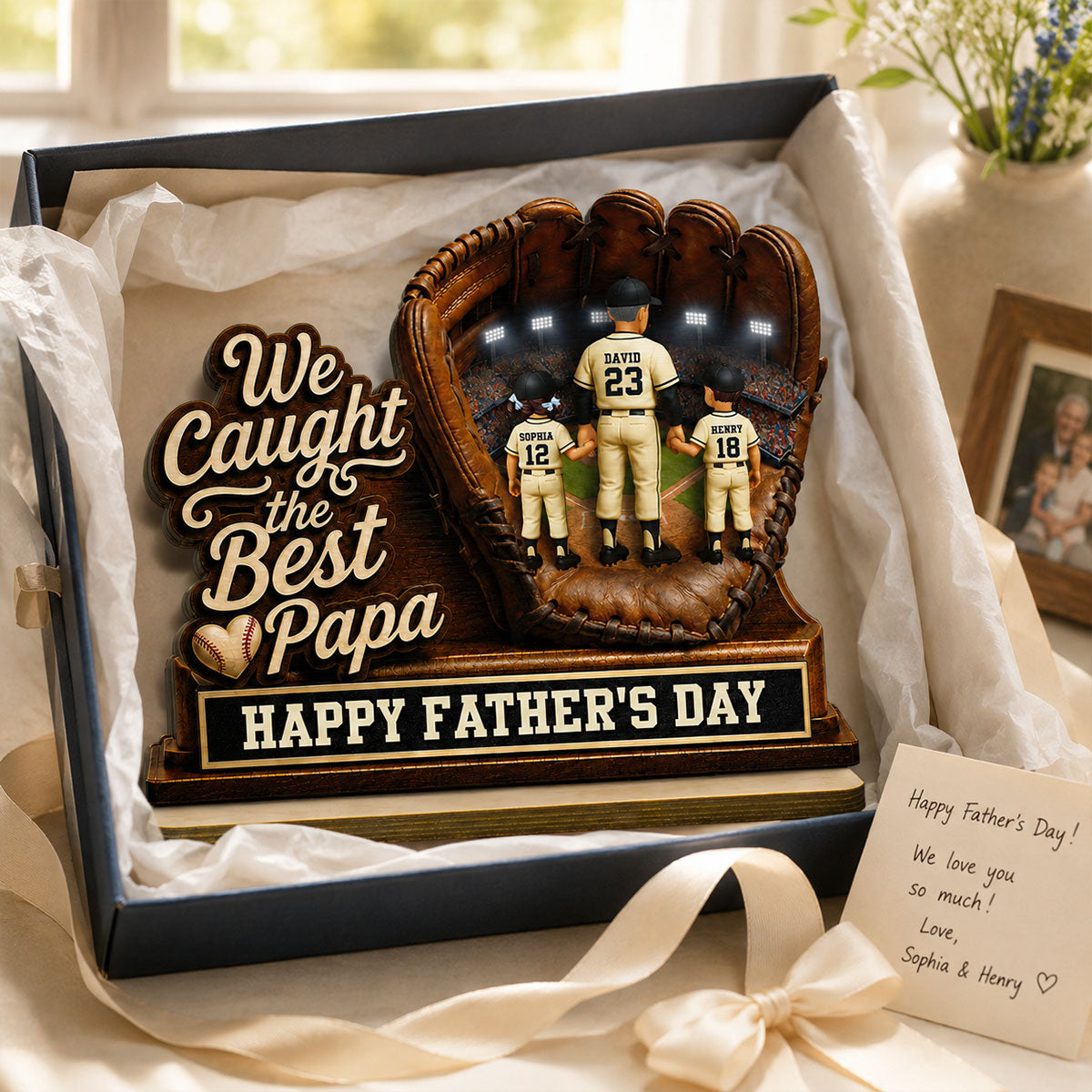 We Caught The Best Grandpa Man & Kids In Glove - Personalized 2-Layered Wooden Plaque - Happy  For Baseball Grandpa