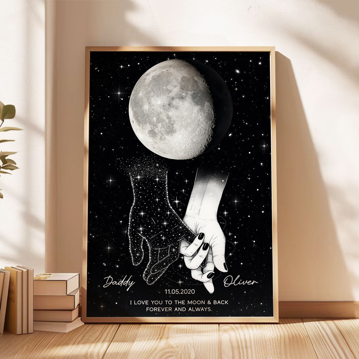 Lost Loved One Holding Hands Moon Phase Galaxy Art Memorial Sympathy Gift Personalized Poster