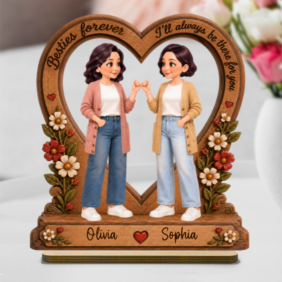Best Friends Are The Family We Choose Pinky Promise Besties 2D Flat - Personalized 2-Layered Wooden Plaque - Birthday Gift, Friendship Gift for Best Friends