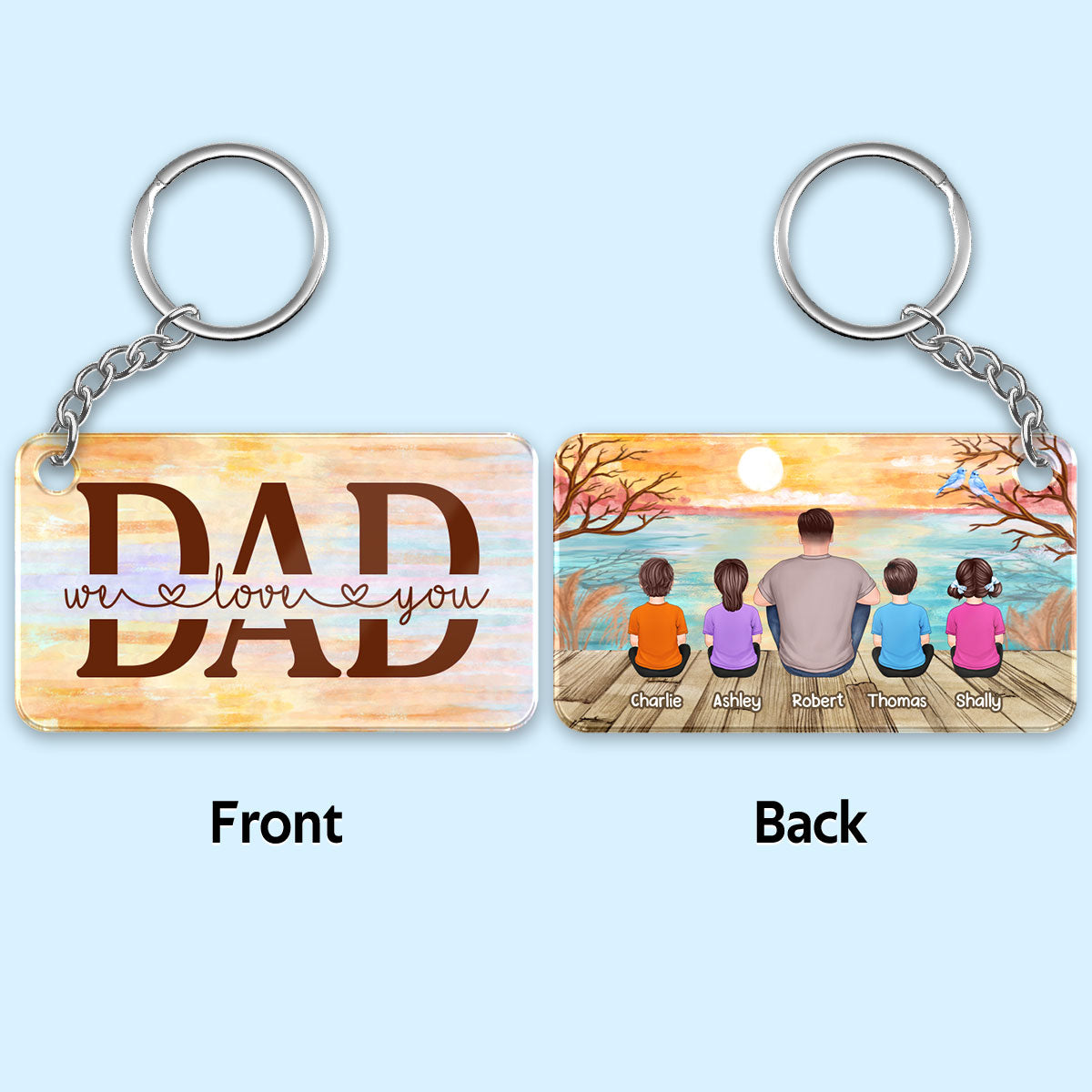 Lake View Best Dad Ever Back View Man Sitting With Kids Dogs Cats Personalized Acrylic Keychain