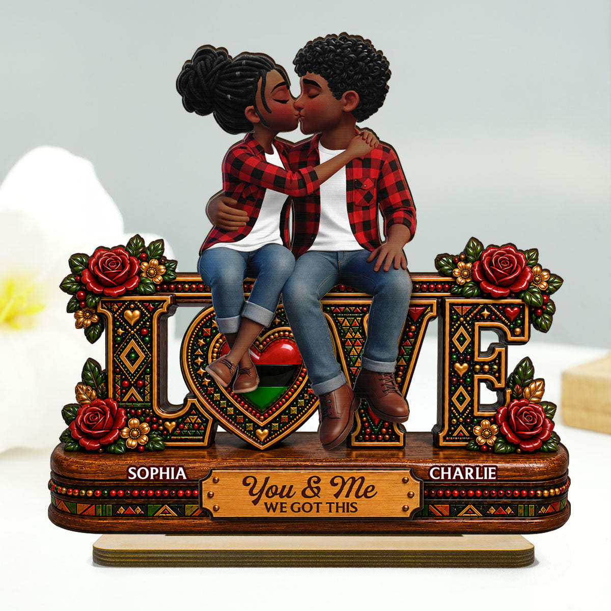 Tribal Pattern Eternal Love Couple Together - Personalized 2-Layered Wooden Plaque - Anniversary Gift For Couple