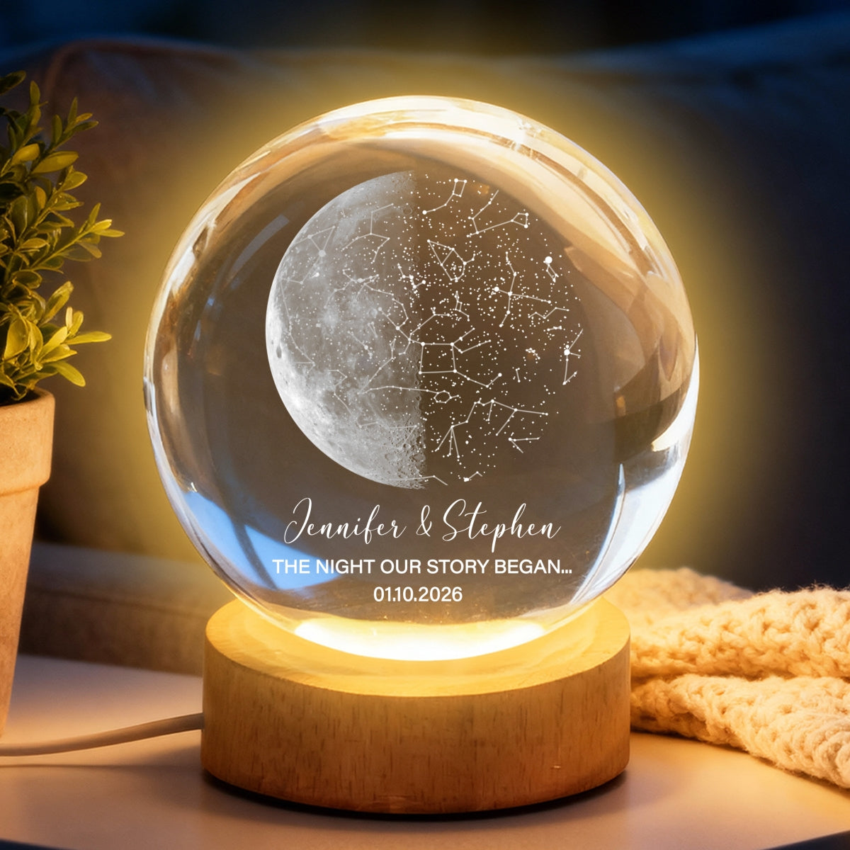 Custom Moon Phase & Star Map by Date - Personalized Crystal Ball Night Light - Heartfelt Anniversary Gift, Valentine's Day Gift for Her, for Him