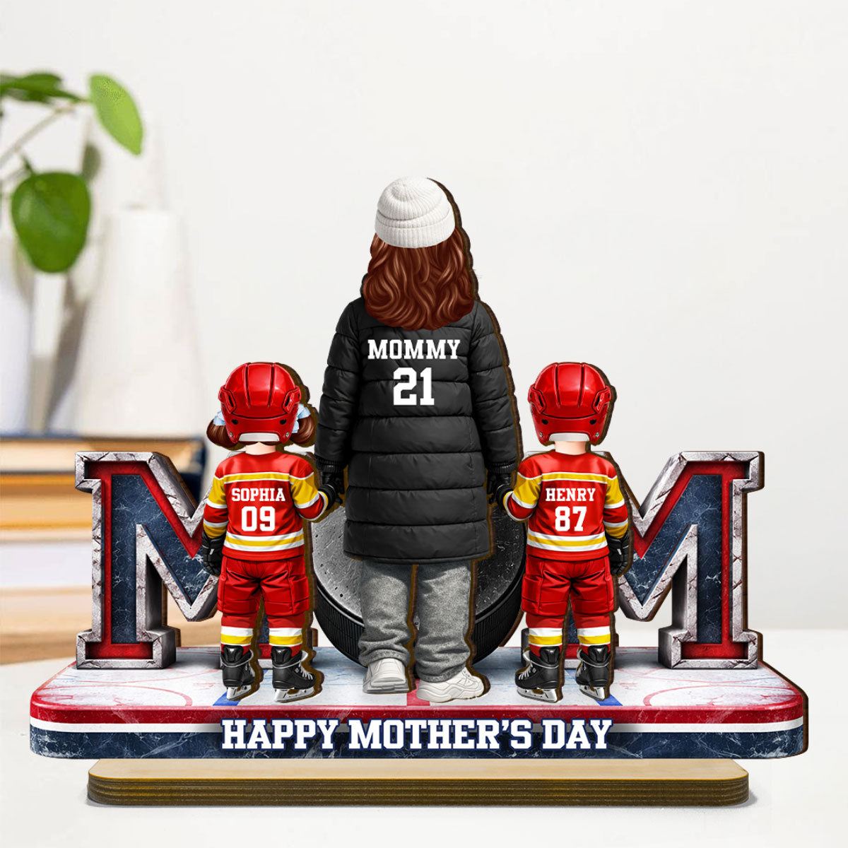 Hockey Mom And Kids Together - Personalized 2-Layered Wooden Plaque - Mother's Day Gift For Hockey Mom, Gift For Wife