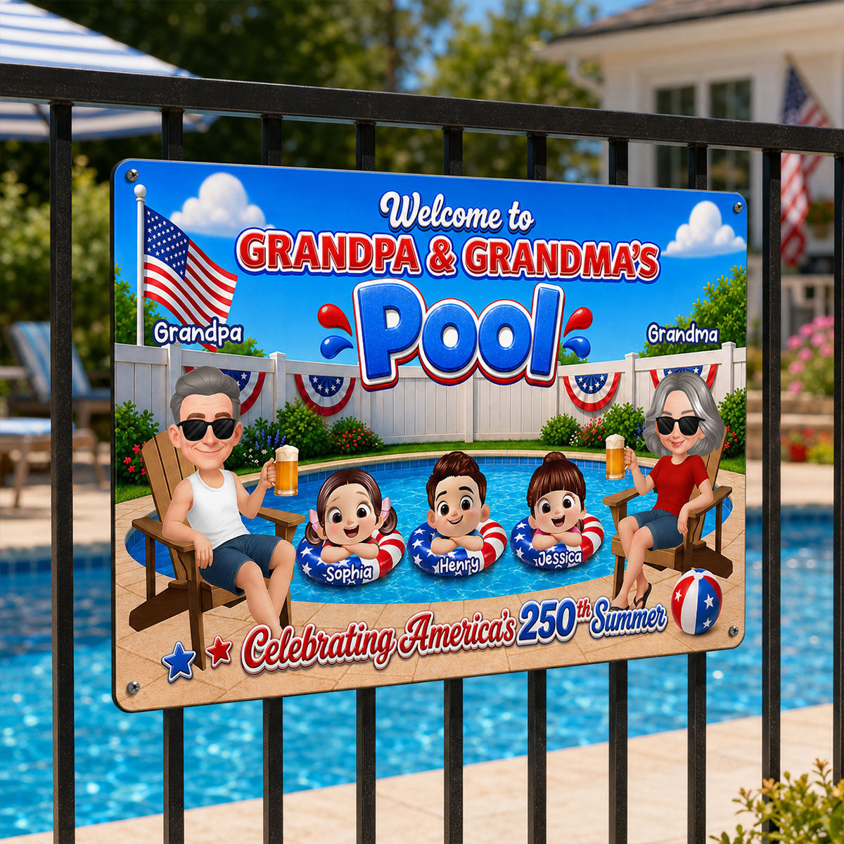 Welcome To Grandma Grandpa Pool America 250th Anniversary - Personalized Metal Sign - Gift For Grandparents, Summer Decoration