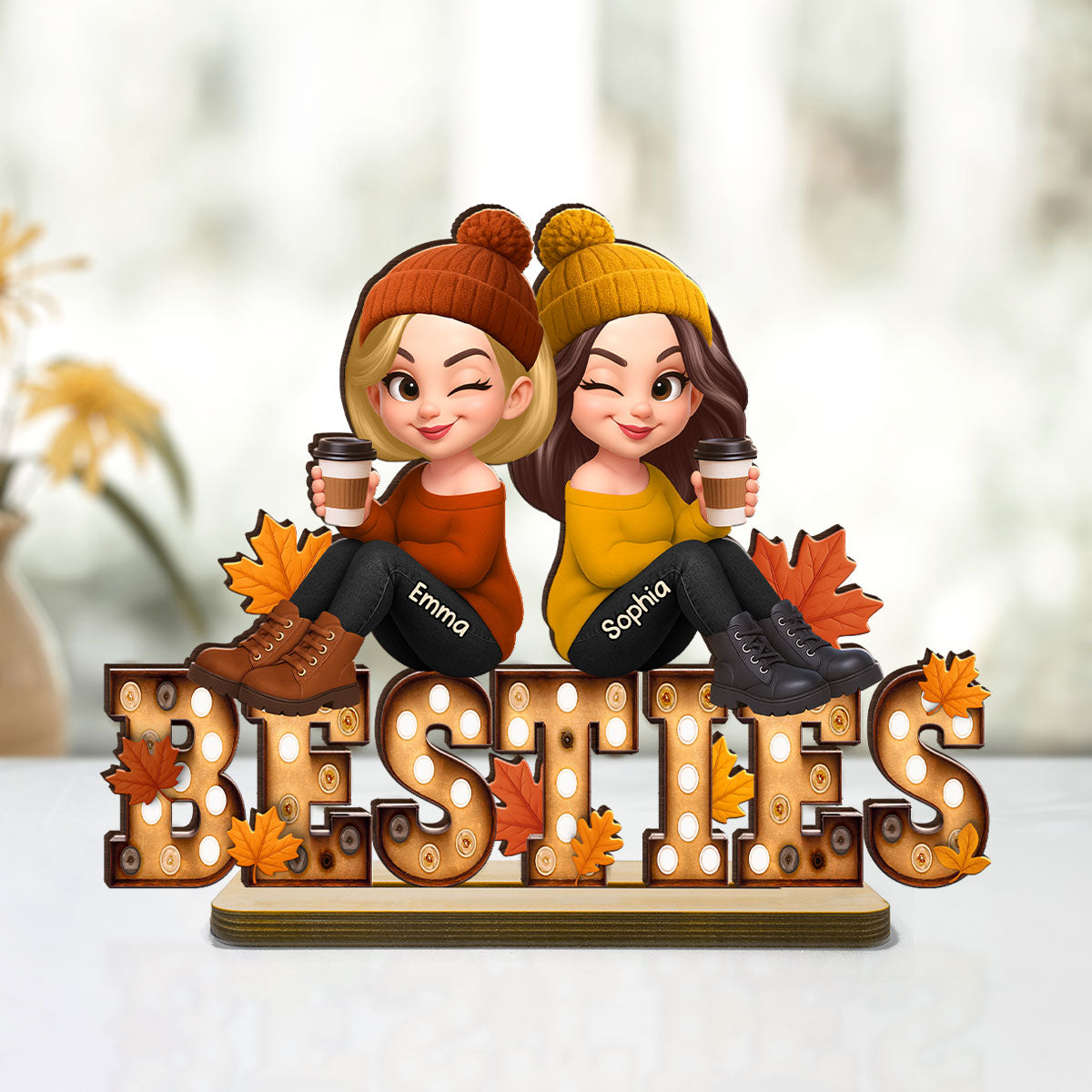 Fall Besties Sitting On Text Marquee Effect - Personalized 2-Layered Wooden Plaque - Meaningful Gift For Best Friend