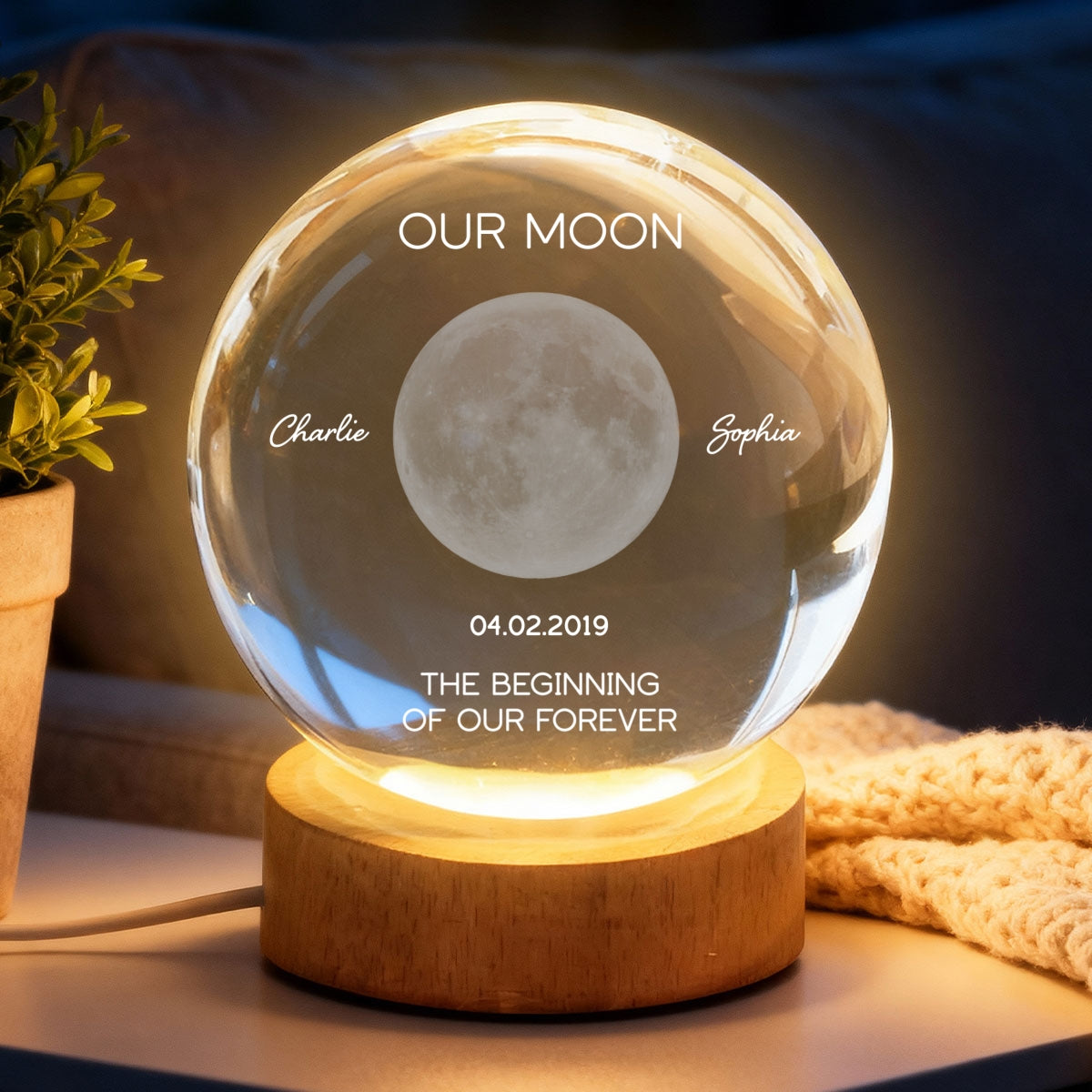 Our Moon Special Date, Custom Moon Phase by Date - Personalized Crystal Ball Night Light - Heartfelt Anniversary Gift for her, for him