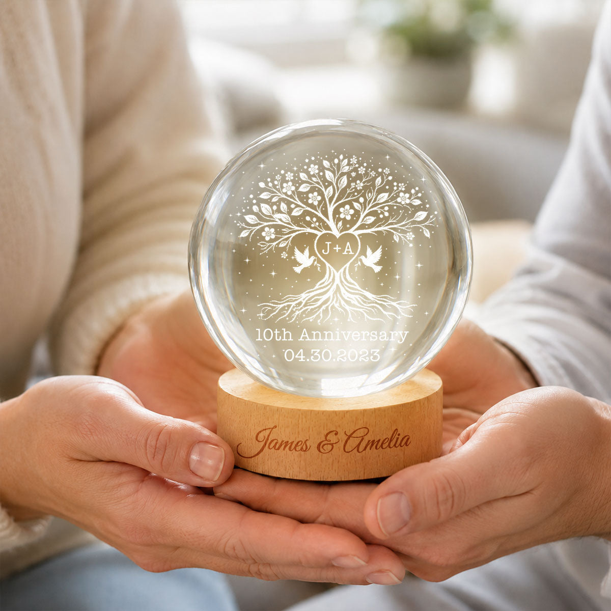 Wedding Anniversary Tree of Life - Personalized Crystal Ball LED Night Light - Heartfelt Gift for Her, Gift for Him