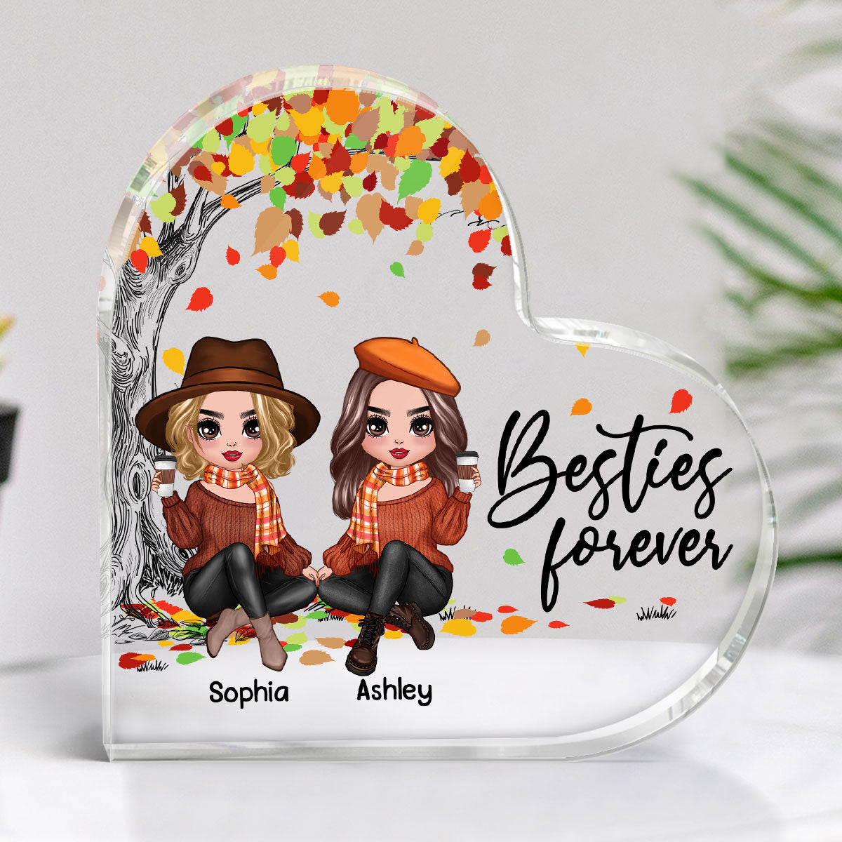 Besties Sisters Under Colorful Fall Season Tree Personalized Heart Acrylic Plaque