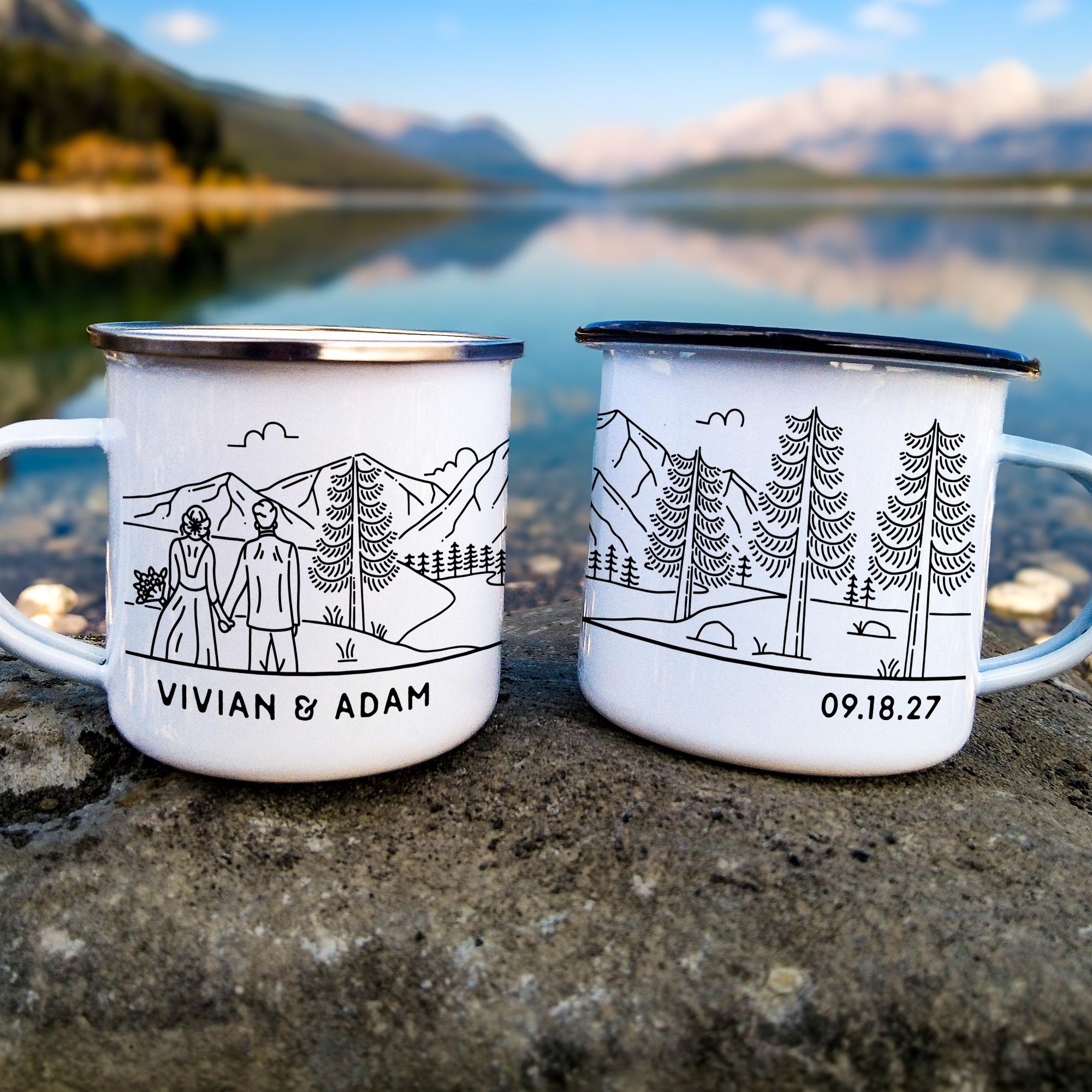 Personalized Wedding Gift, Bride & Groom Mountain Romantic Enamel Mug, Unique Engagement Present for Outdoorsy Couple