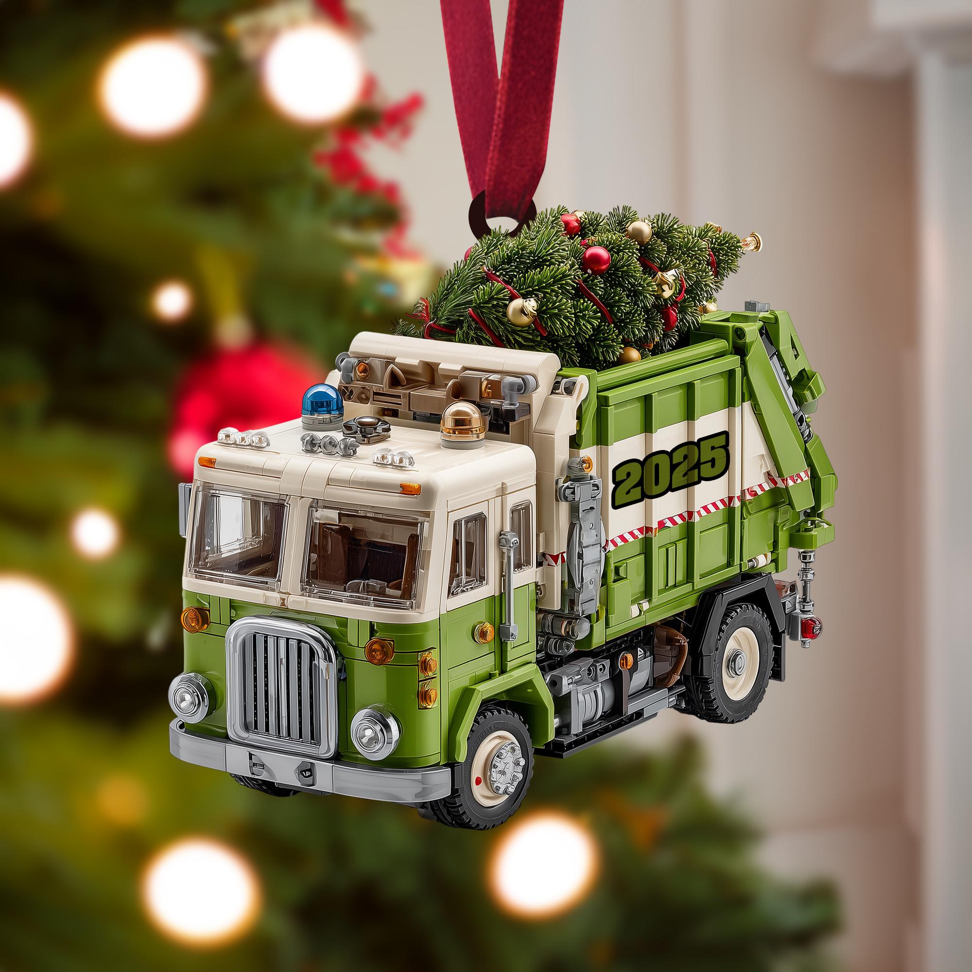 Garbage Truck Christmas Ornament, Green Sanitation Truck with Christmas Tree, Personalized Name Year, Recycling Worker Gift, Holiday 2025