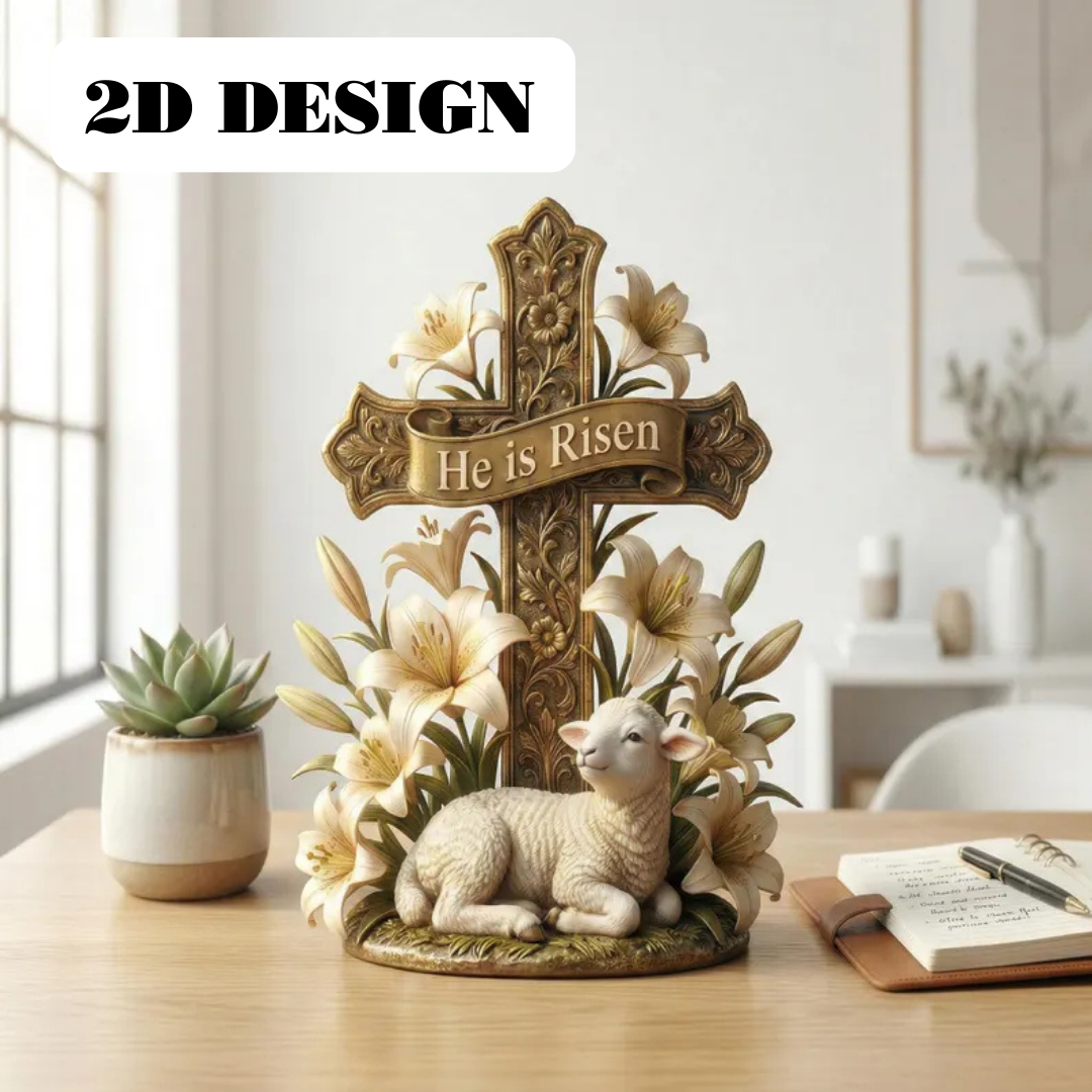 He Is Risen Easter Cross Statue with Lamb & Lily flat 2D Wooden Block - Resurrection Scene Christian Figurine - Pastor Gift.
