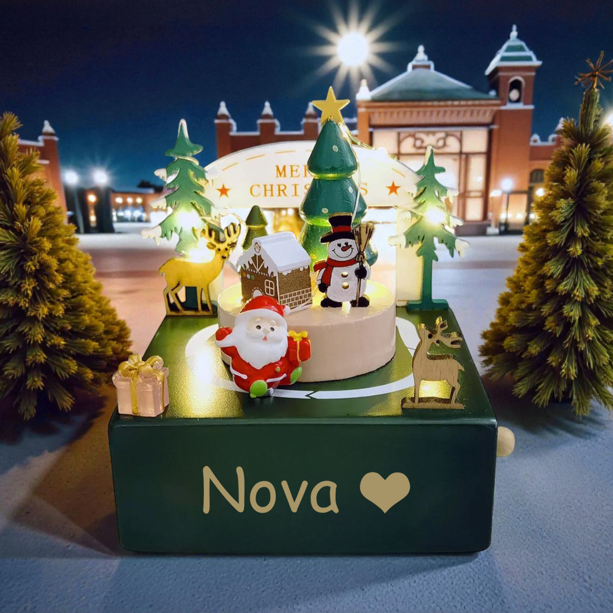 Wooden Christmas Train Castle Music Box, Personalized Engraved Keepsake Carousel Music Box