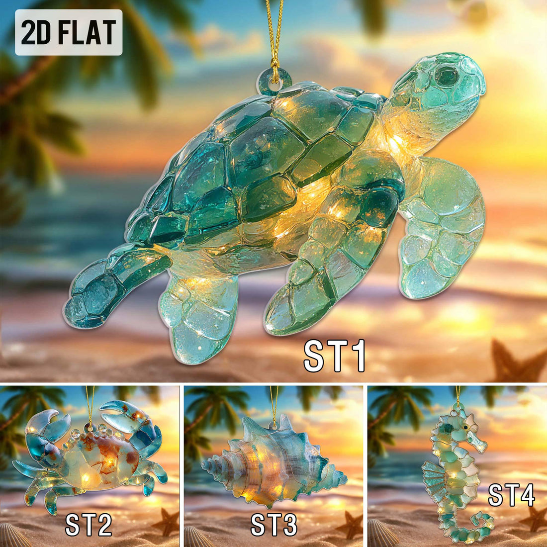 Sea Glass Ocean Ornament Set, 2D Flat Turtle Crab Shell Seahorse Christmas Decorations, Coastal Beach Decor, Sea Animal Christmas Deco