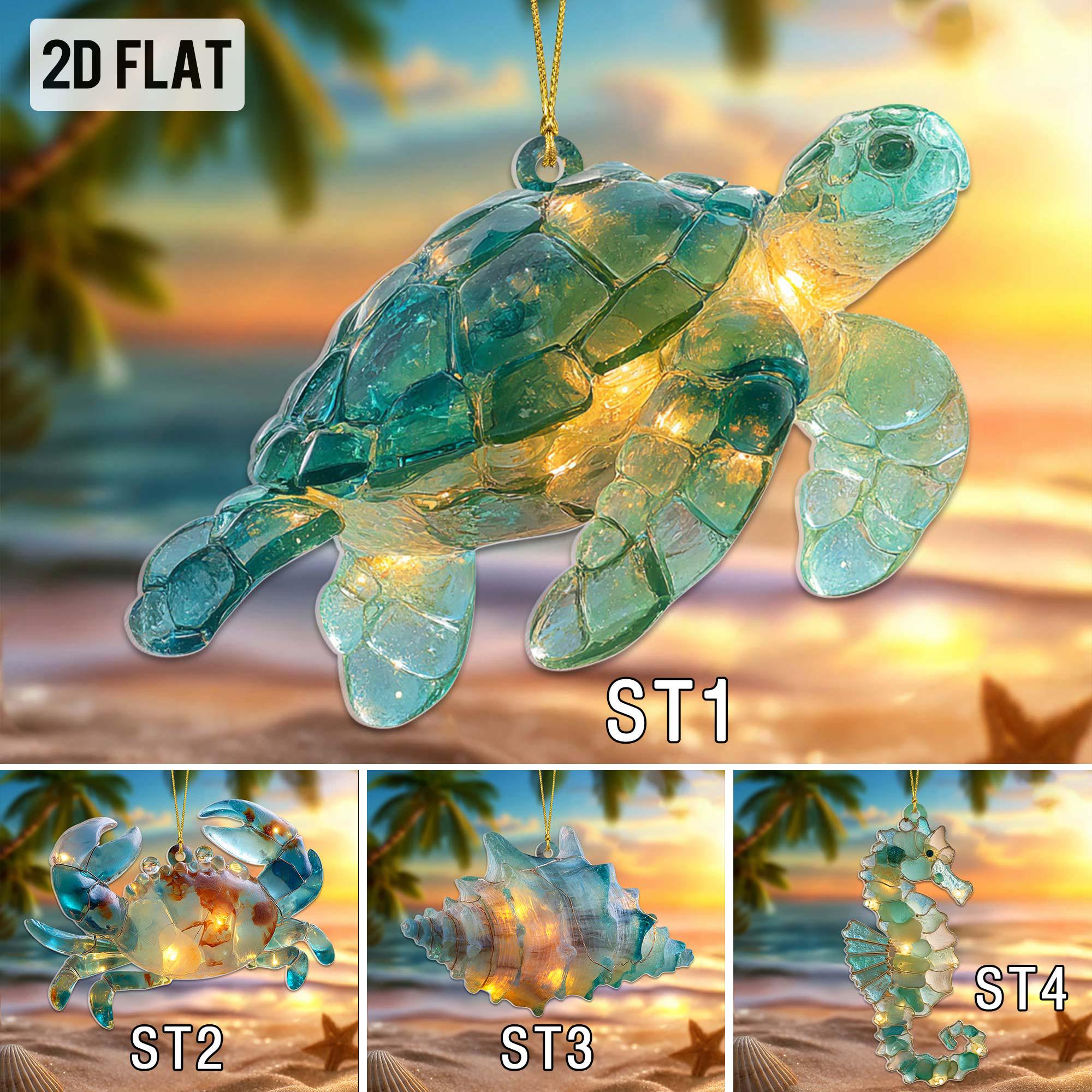 Sea Glass Ocean Ornament Set, 2D Flat Turtle Crab Shell Seahorse Christmas Decorations, Coastal Beach Decor, Sea Animal Christmas Deco