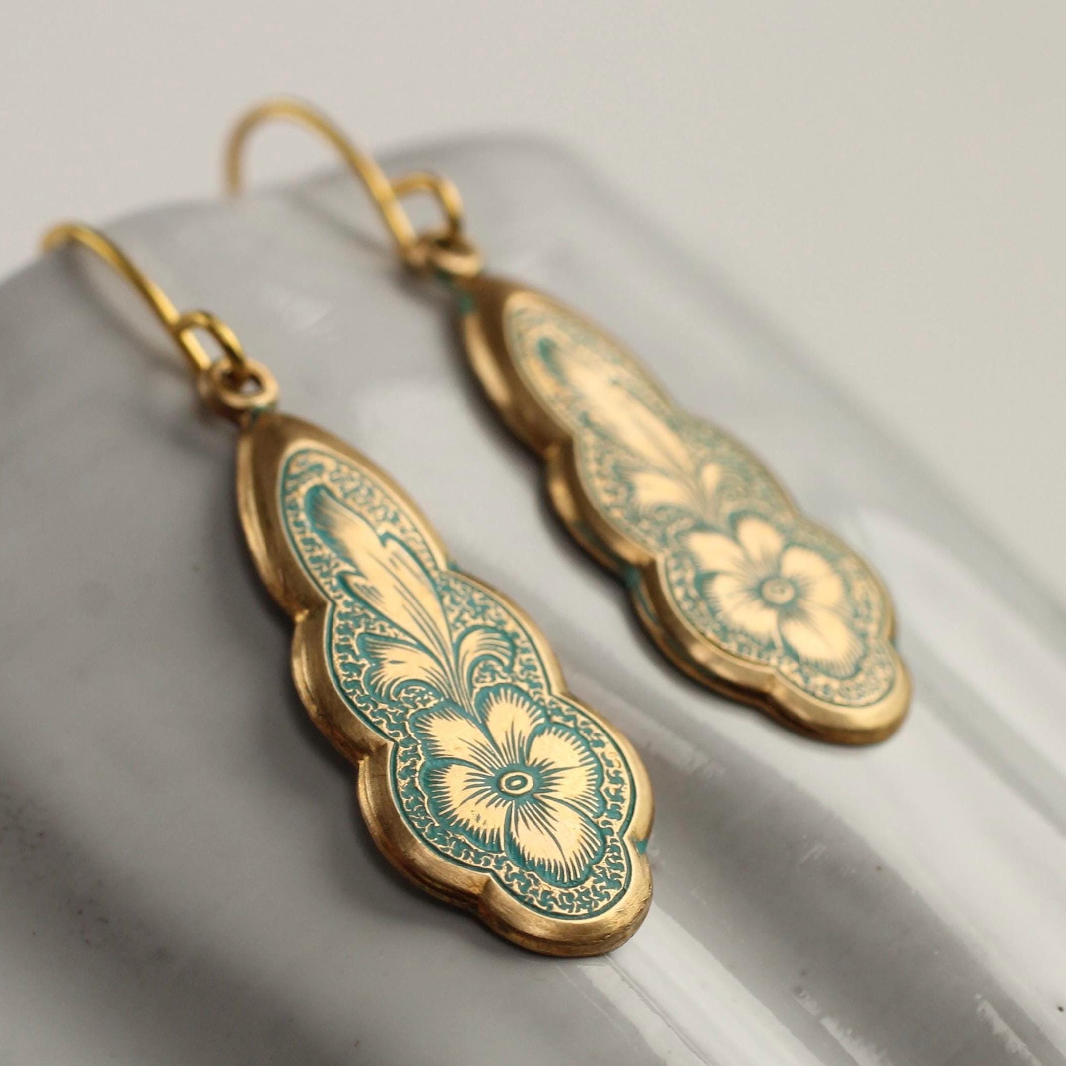 Victorian Turquoise Floral Drop Earrings: Art Nouveau Forget Me Not Jewelry