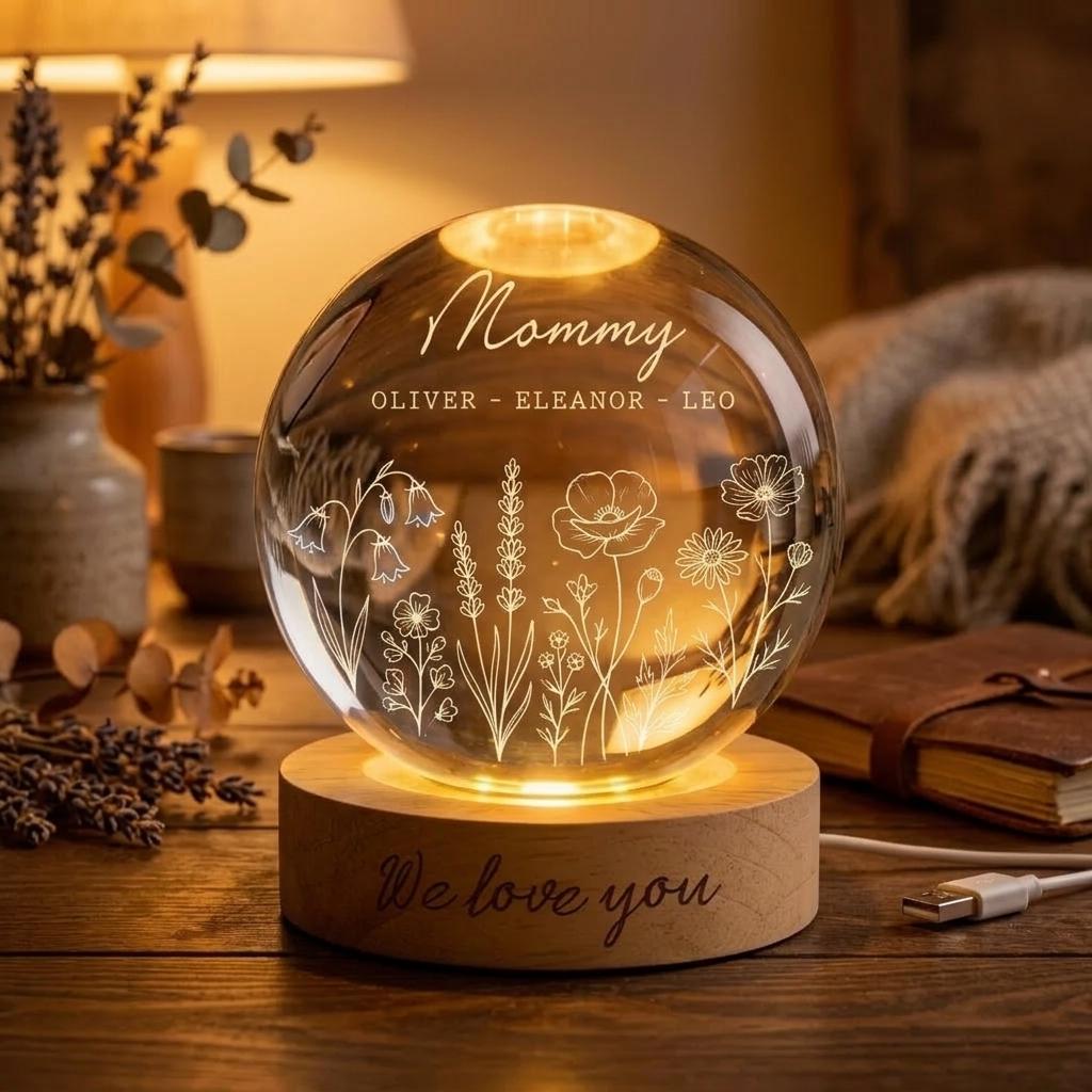 Personalized Wildflower Crystal LED Ball – Mom & Grandma Night Light