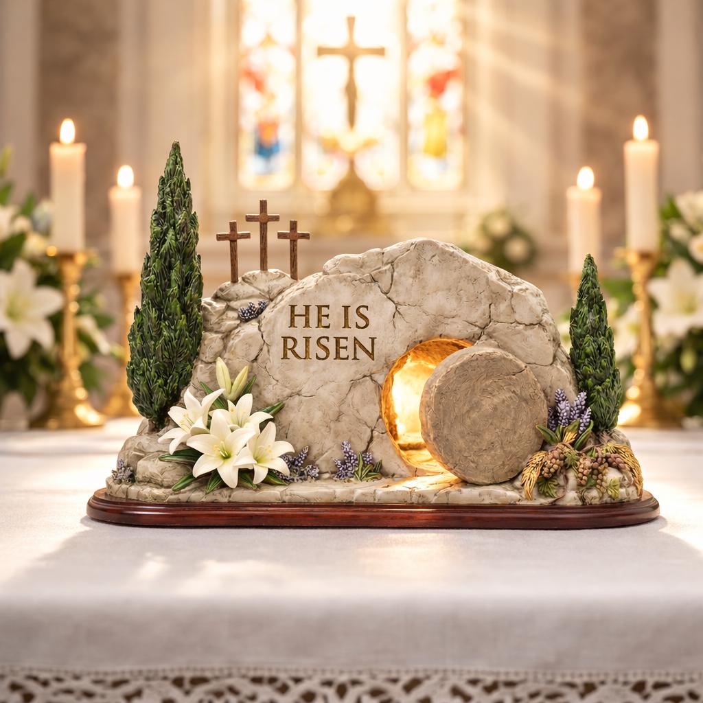 He Is Risen Empty Tomb 2D Wooden Block – Resurrection Scene Decor