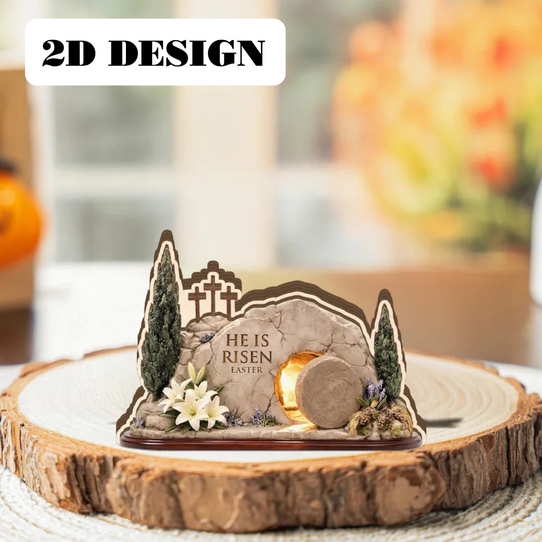 He Is Risen Empty Tomb 2D Wooden Block – Resurrection Scene Decor