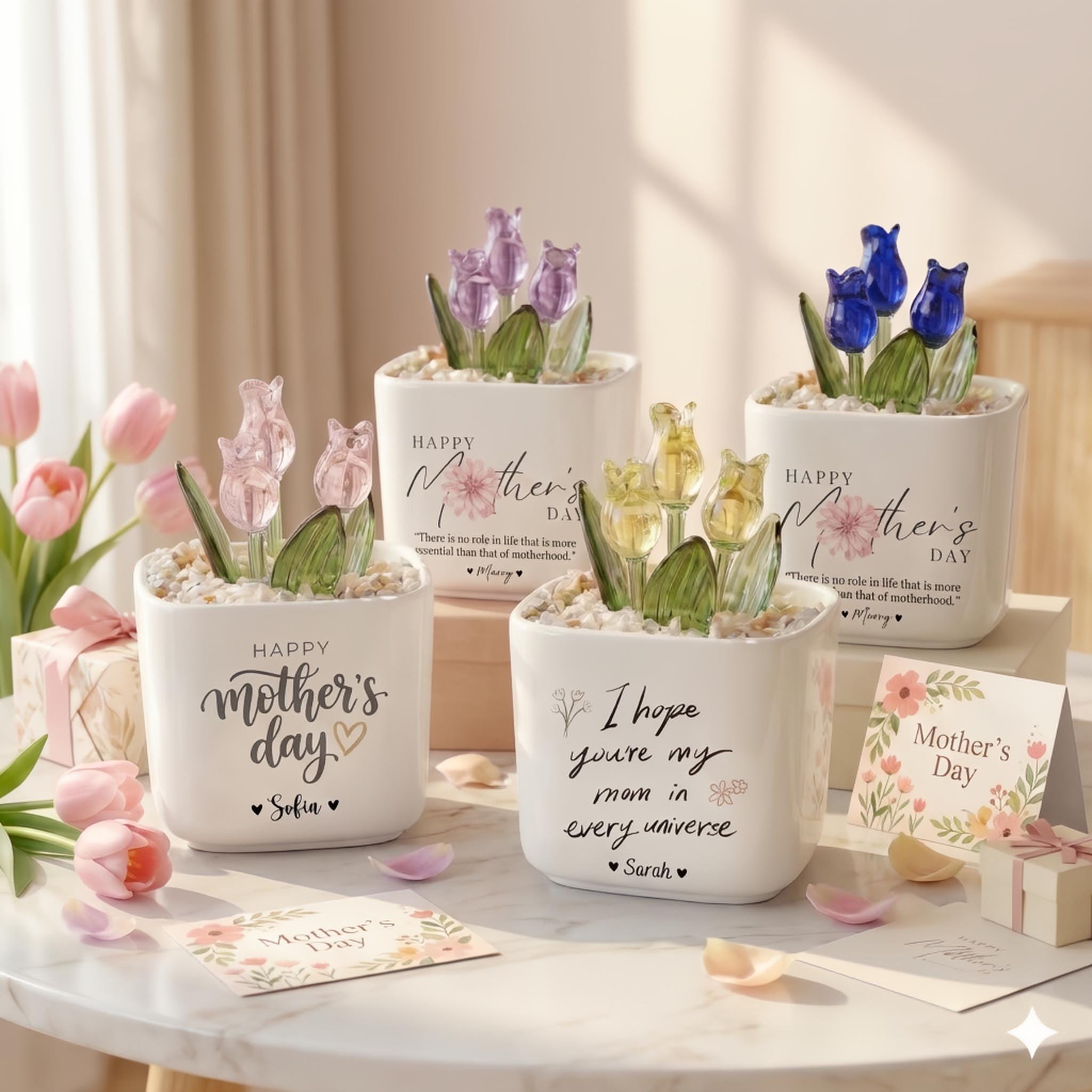 Personalized Tulip Glass Flower Pot – Custom Mother's Day Gift