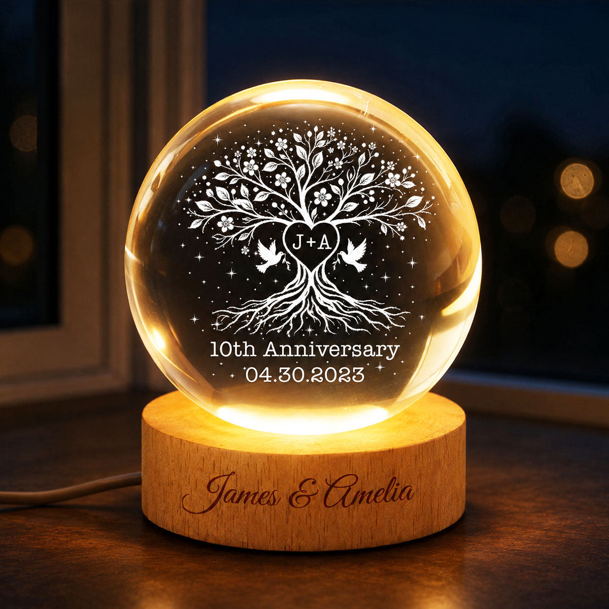 Wedding Anniversary Tree of Life - Personalized Crystal Ball LED Night Light - Heartfelt Gift for Her, Gift for Him