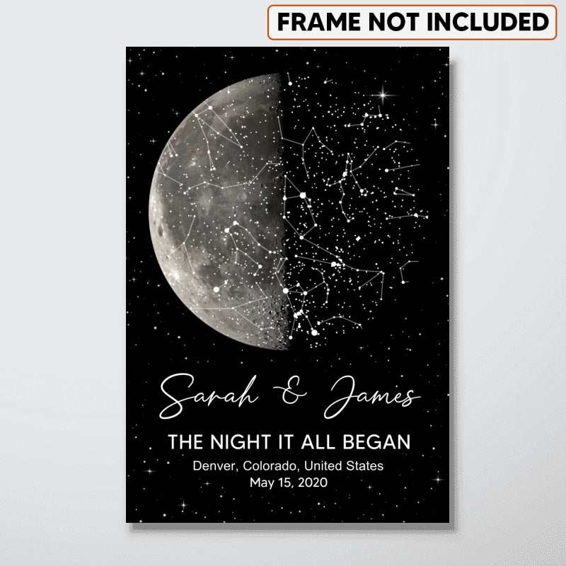 The Night It All Began Custom Moon Phase & Star Map - Personalized Poster - Gift For Couple