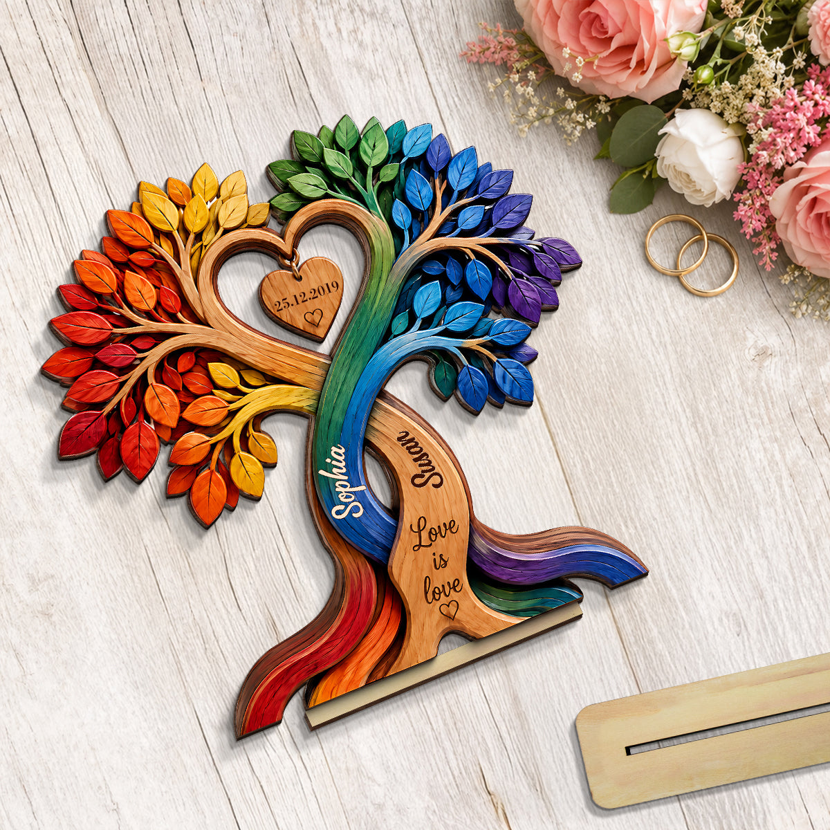 LGBT Couple Heart Tree - Personalized 2-Layered Wooden Plaque - Anniversary Gift for Him, Gift for Her