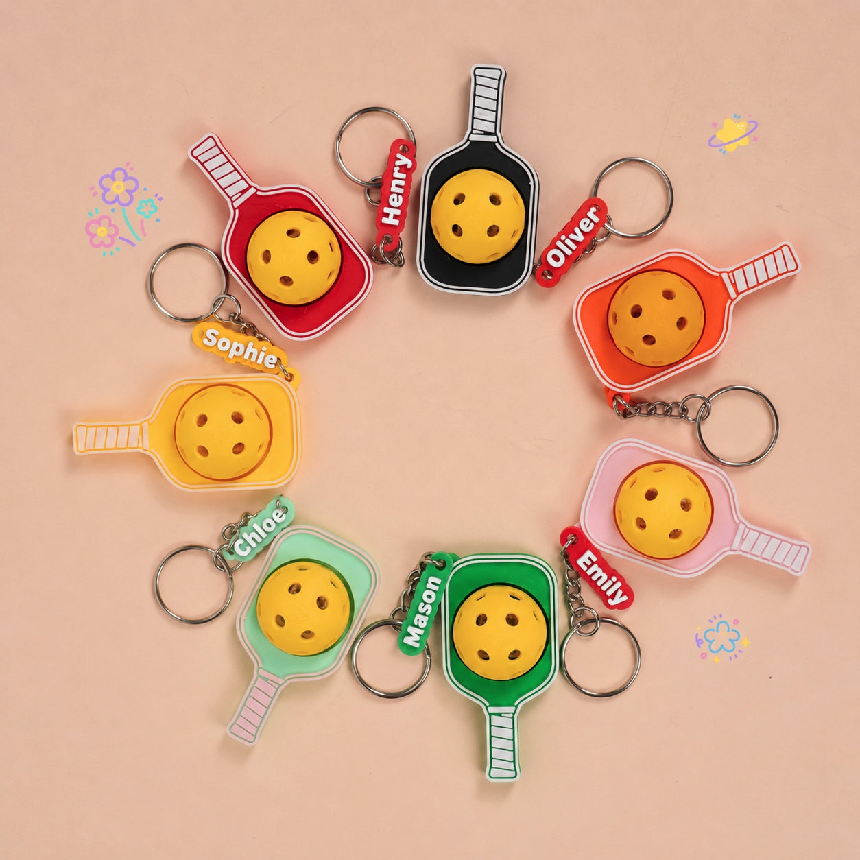 Personalized Pickleball Keychain with Custom Name Charm