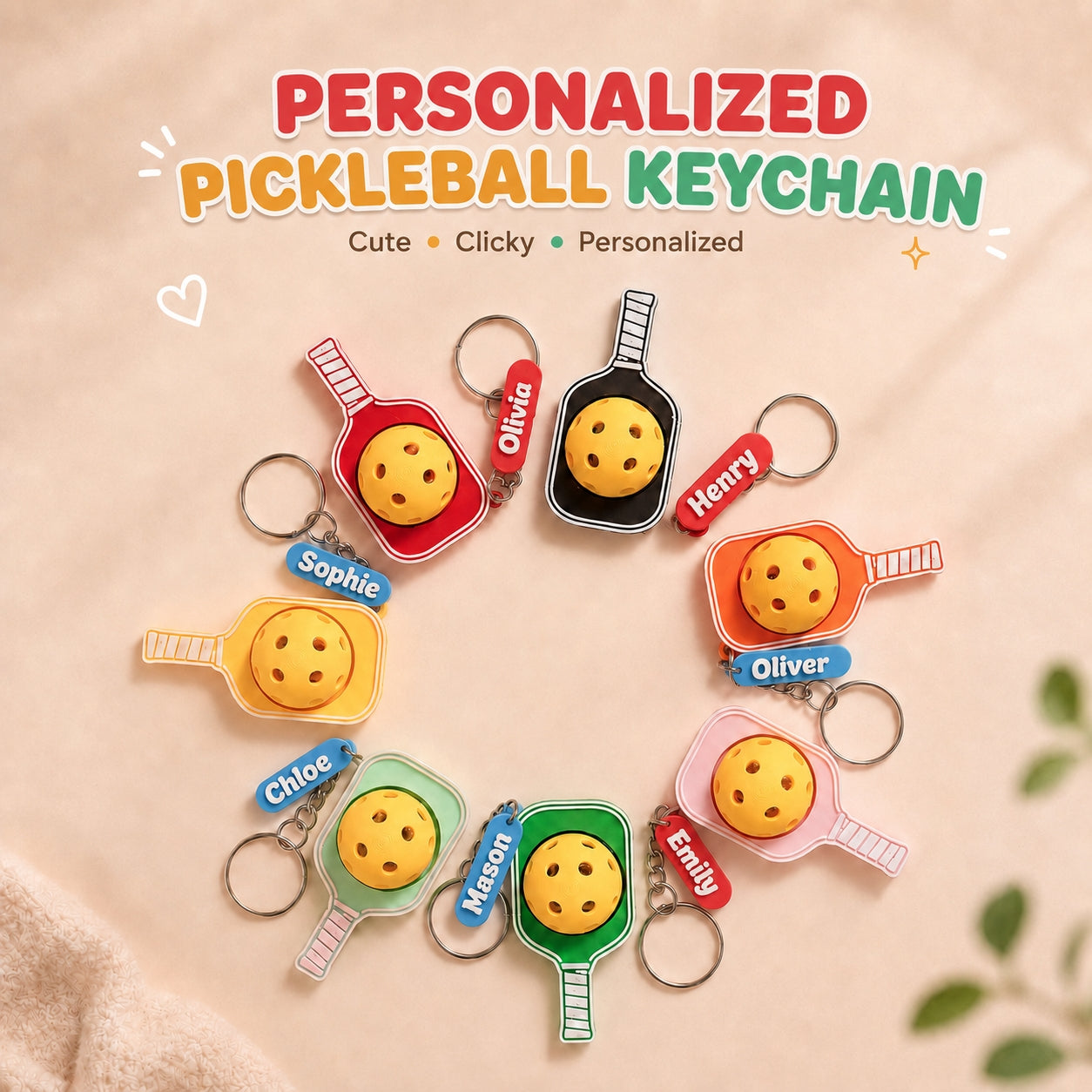 Personalized Pickleball Keychain with Custom Name Charm