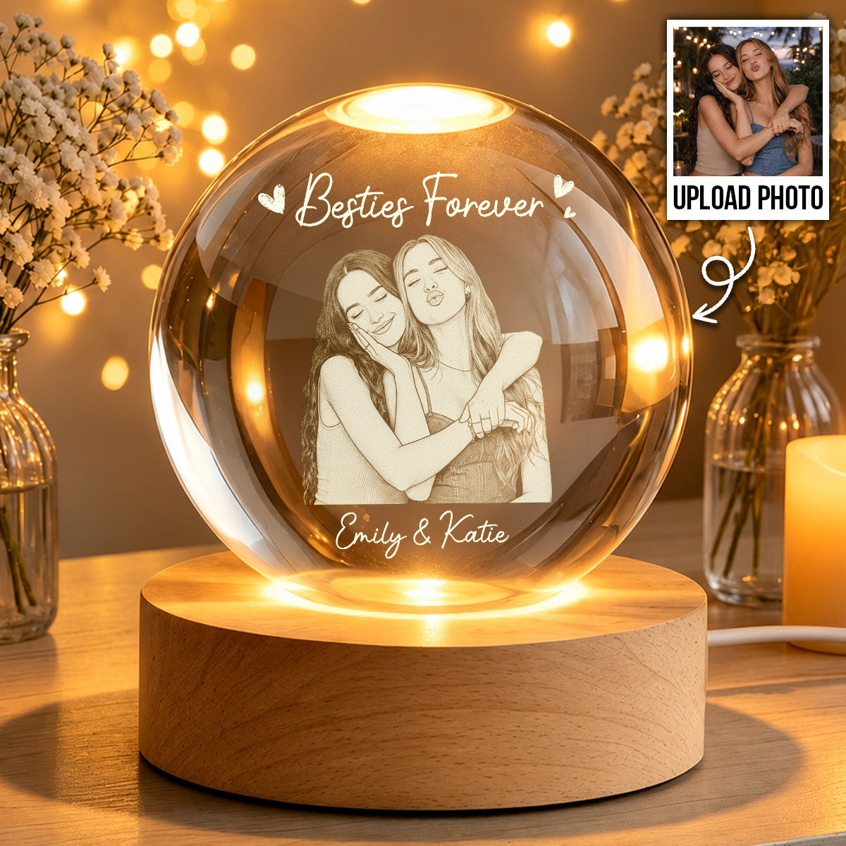 Besties Forever Custom Photo - Personalized Crystal Ball LED Night Light - Birthday Gift, Gift For Best Friends