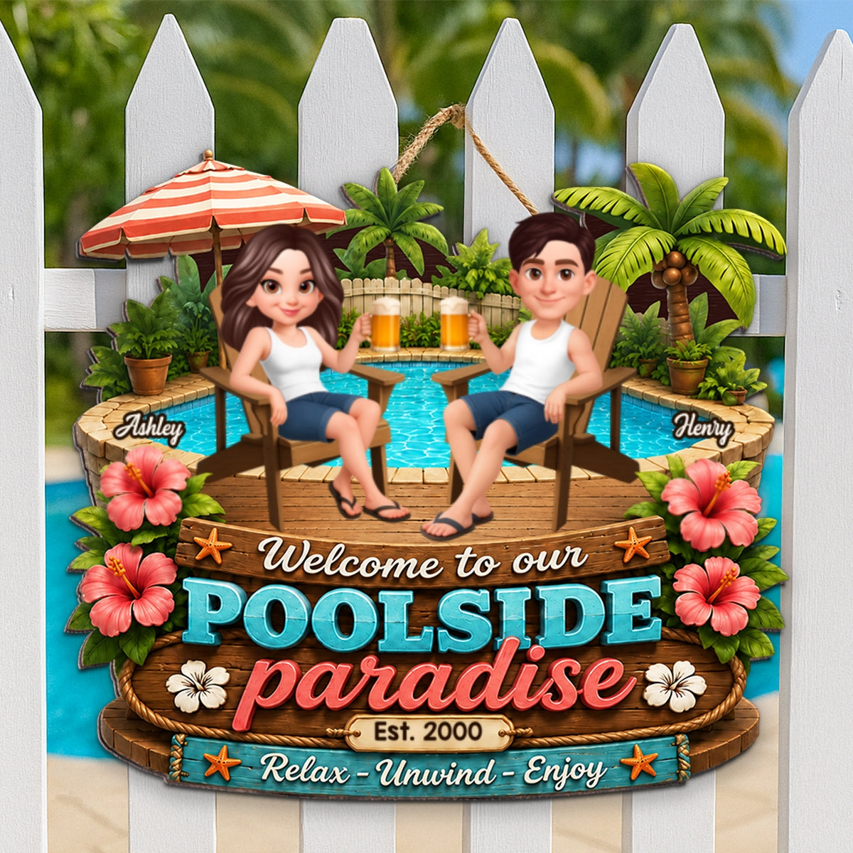 Summer Vibe Welcome To Our Poolside Paradise - Personalized Wood Sign - Gift For Couple, Summer Porch, Patio, Bar Decoration