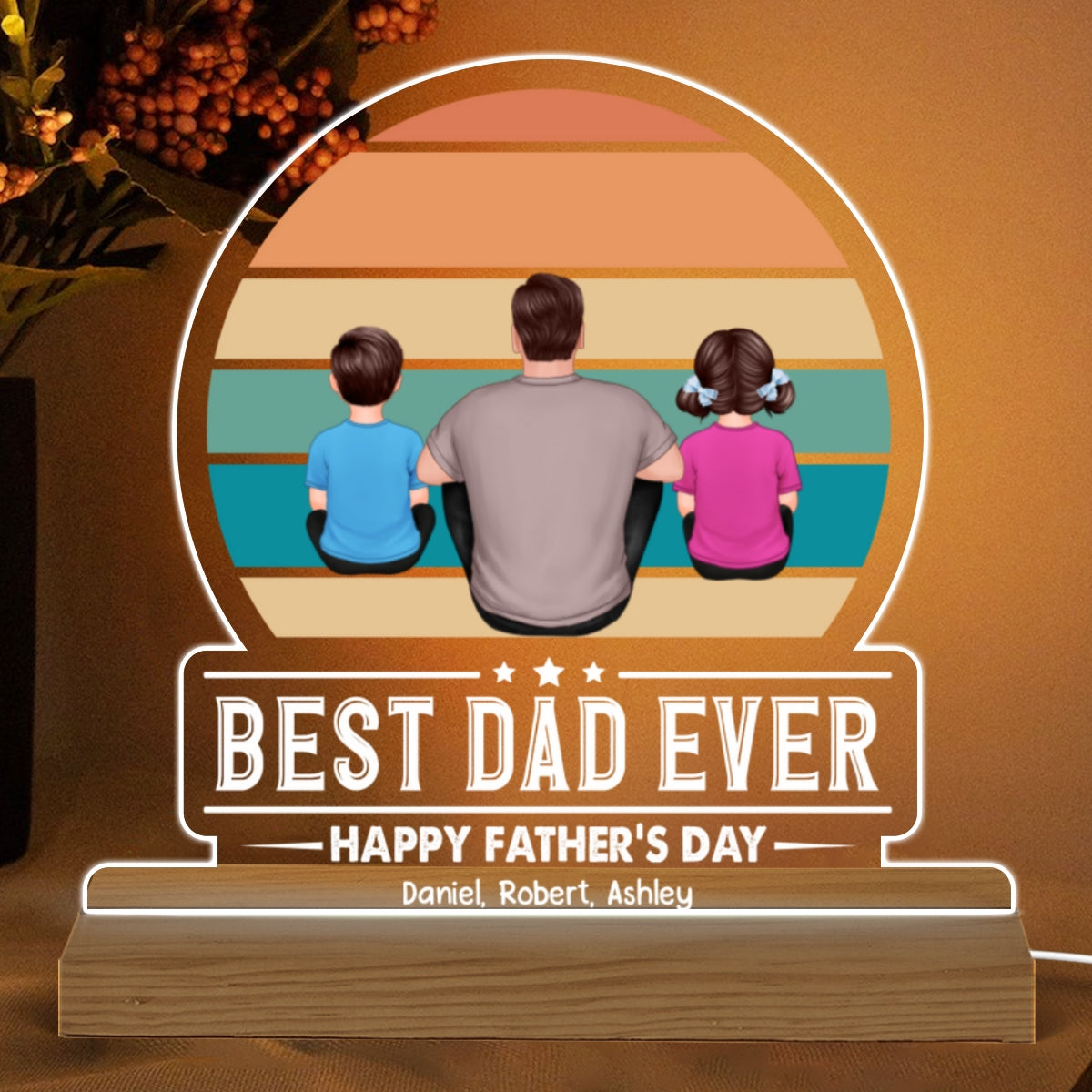 Best Dad Ever Retro Man Kids Dogs Cats Back View Personalized Warm Acrylic Custom Shape LED Night Light