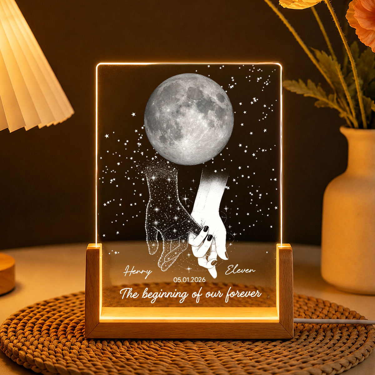Couple Moon Phase The Beginning Of Our Forever - Personalized Acrylic LED Night Light - Wedding Anniversary Gift For Couple