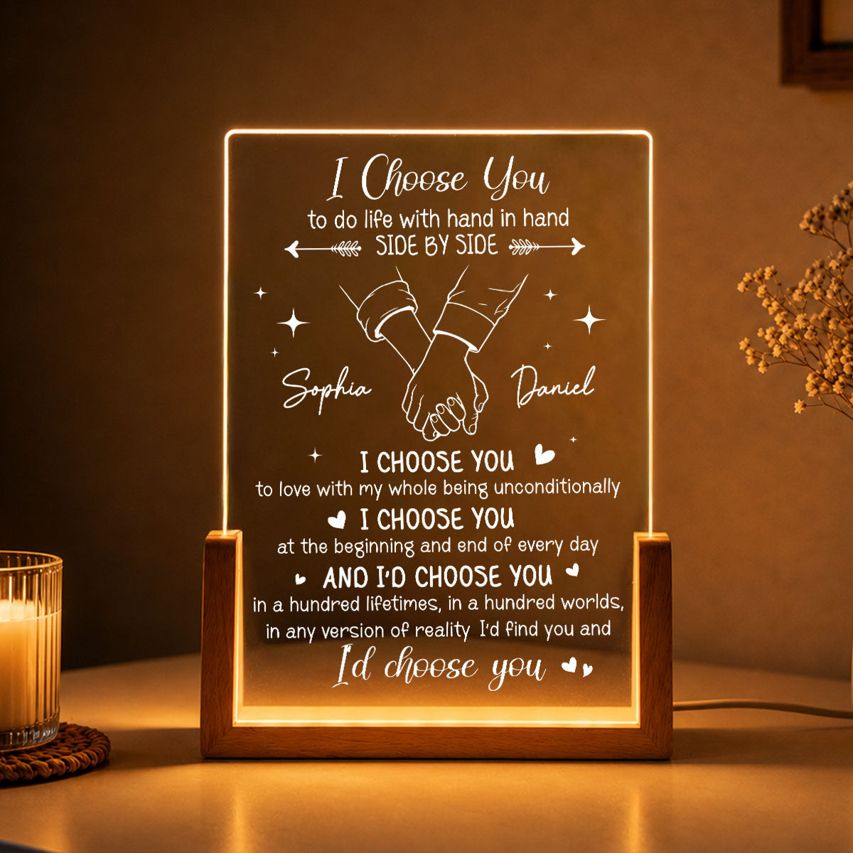 Romantic I Choose You Hand In Hand - Personalized Acrylic LED Night Light - Wedding Anniversary Gift For Couple