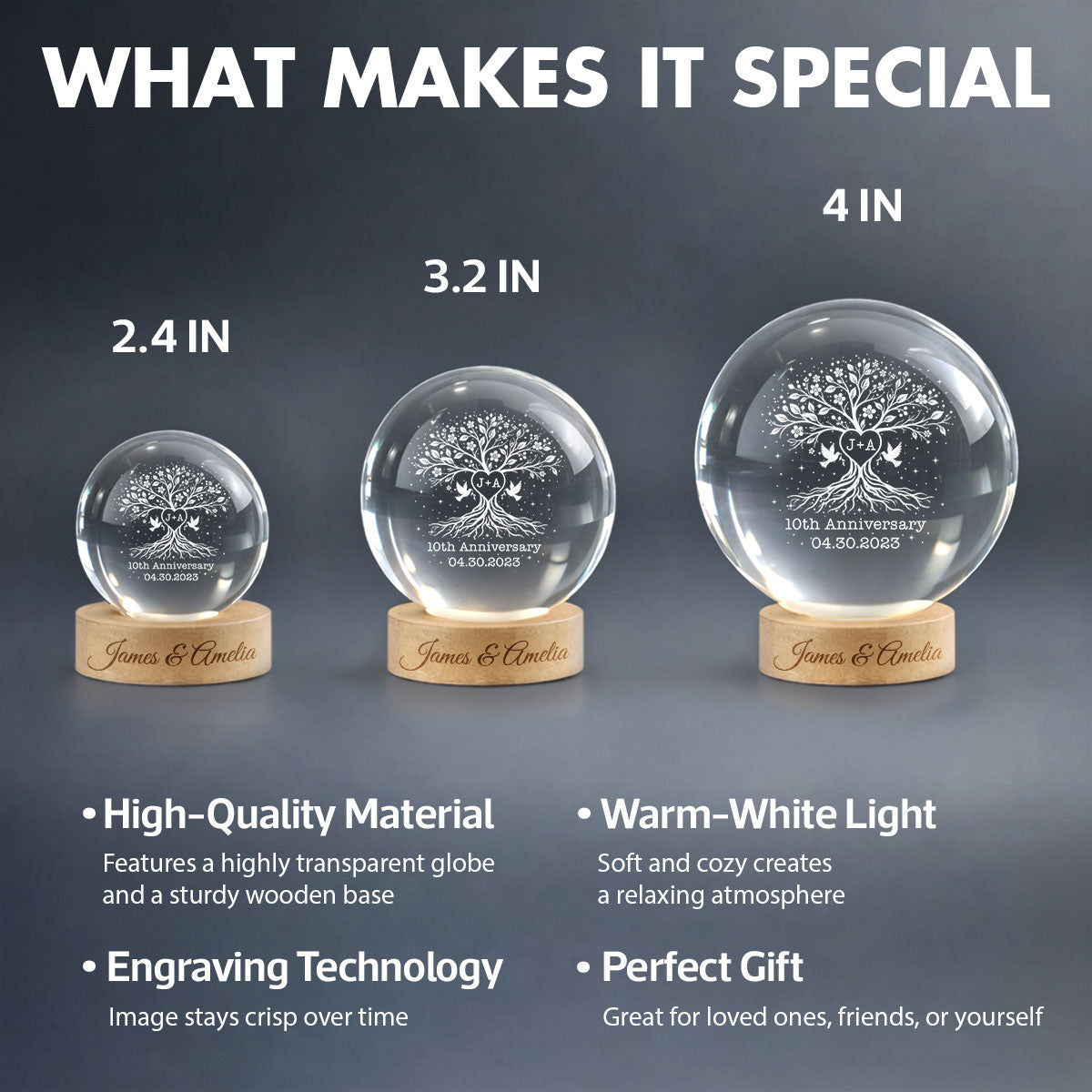 Wedding Anniversary Tree of Life - Personalized Crystal Ball LED Night Light - Heartfelt Gift for Her, Gift for Him