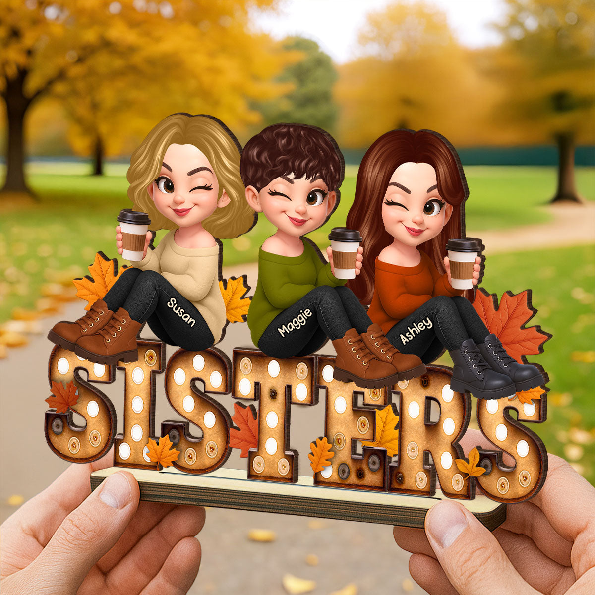 Fall Besties Sitting On Text Marquee Effect - Personalized 2-Layered Wooden Plaque - Meaningful Gift For Best Friend