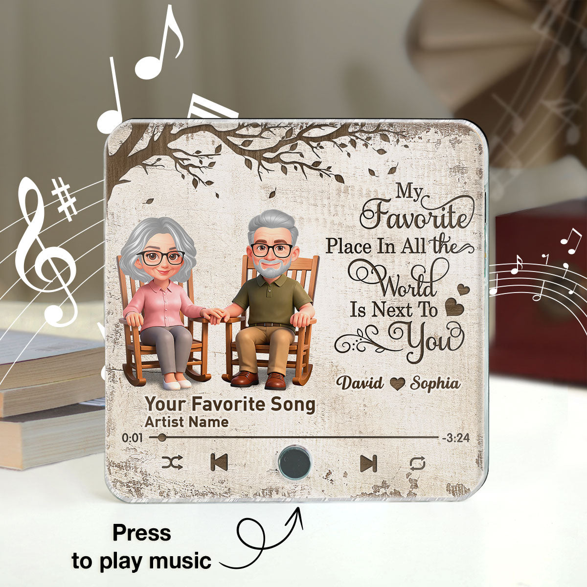 Old Couple On Rocking Chair Under Tree - Personalized Music Fridge Magnet - Anniversary Gift For Him, For Her