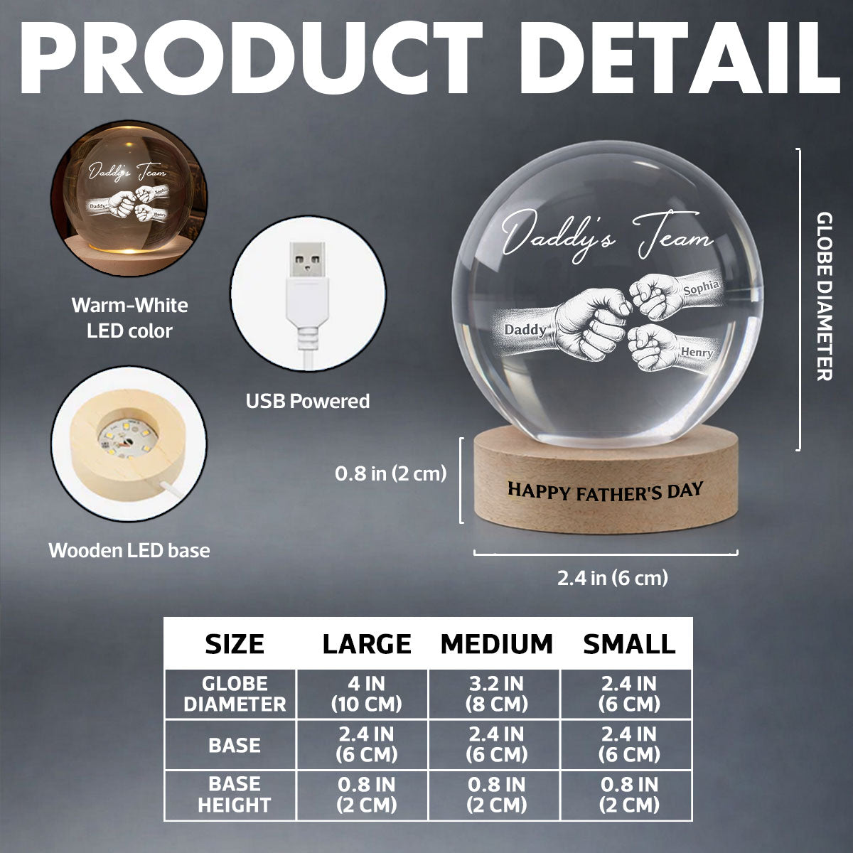 Daddy's Team Fist Bump - Personalized Crystal Ball LED Night Light -  Gift For Dad, Husband