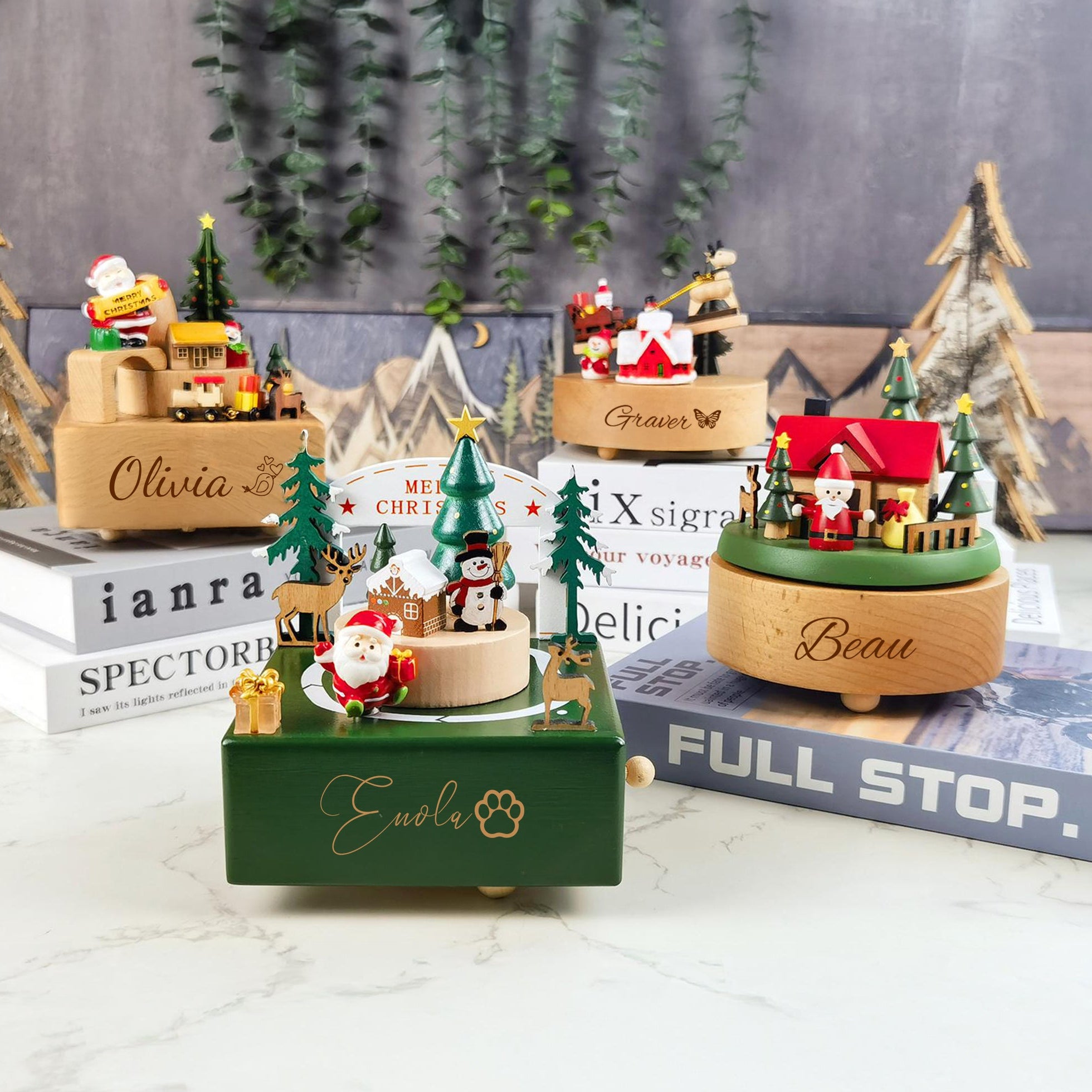 Wooden Christmas Train Castle Music Box, Personalized Engraved Keepsake Carousel Music Box