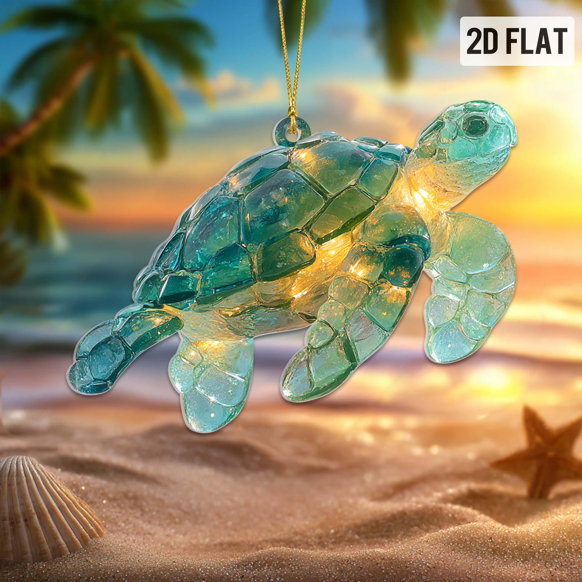 Sea Glass Ocean Ornament Set, 2D Flat Turtle Crab Shell Seahorse Christmas Decorations, Coastal Beach Decor, Sea Animal Christmas Deco