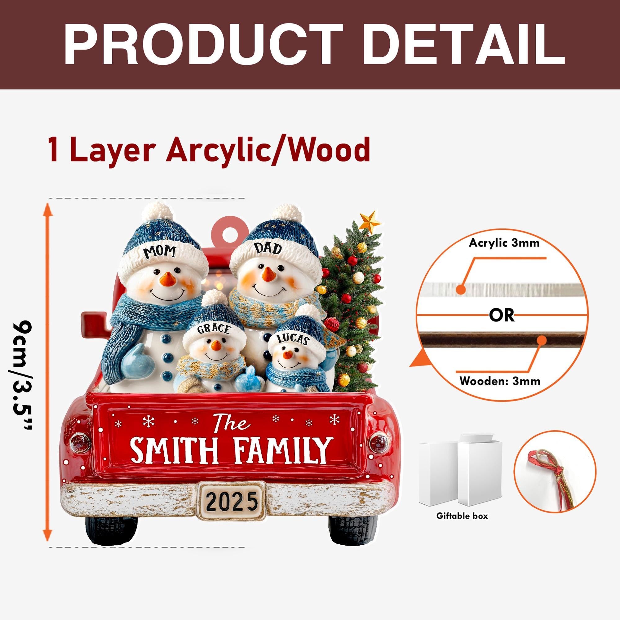 Personalized Snowman Family Ornament, Custom Family Of 3 4 5 6 Christmas Ornament, Red Truck Christmas Ornament, Christmas Tree Decor