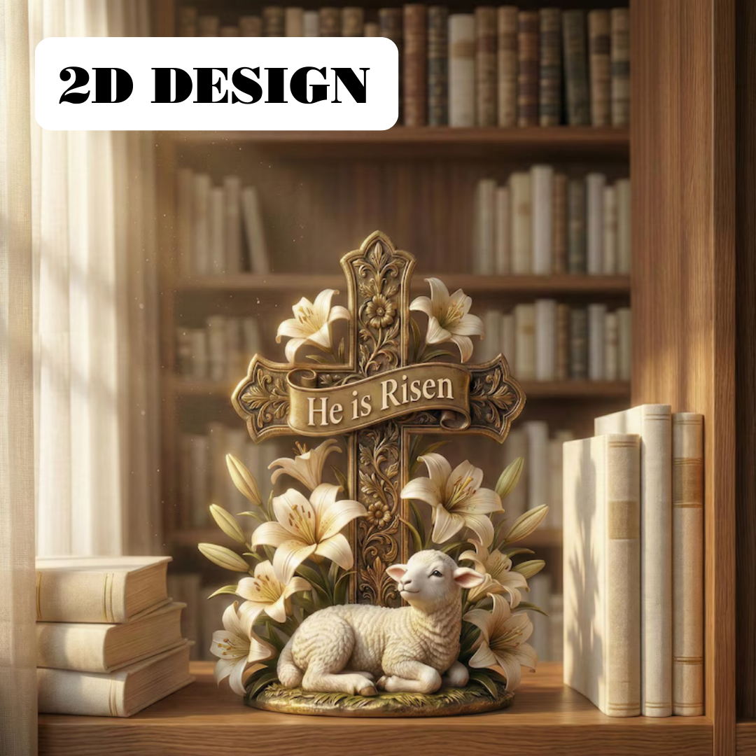 He Is Risen Easter Cross Statue with Lamb & Lily flat 2D Wooden Block - Resurrection Scene Christian Figurine - Pastor Gift.