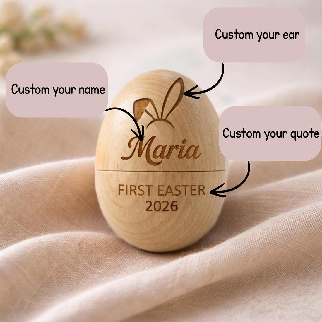 Personalized Wooden Easter Egg - Custom Name & Year, Baby Girl Easter Gift, Modern Keepsake Basket for Kids