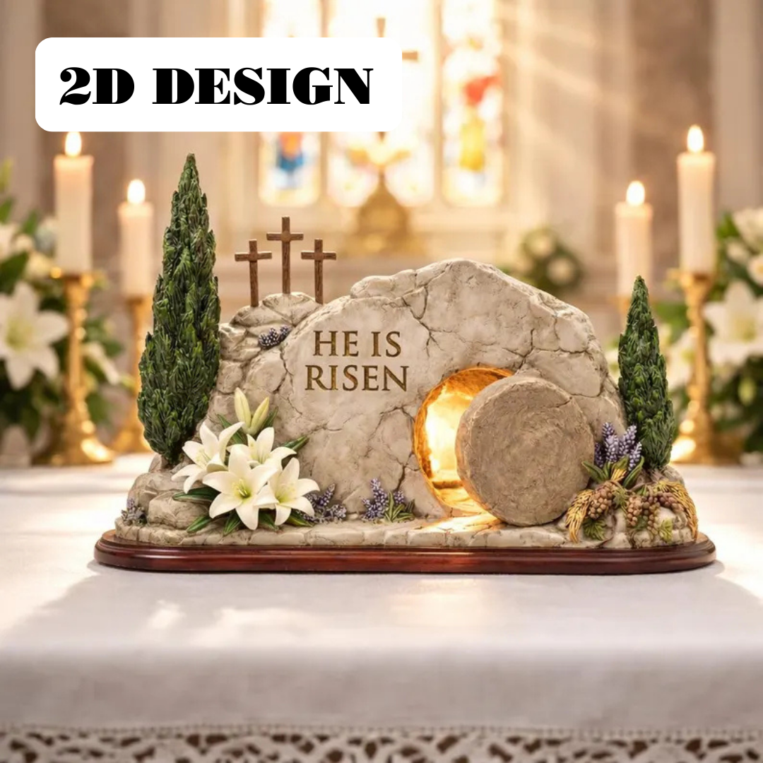 He Is Risen Empty Tomb flat 2D Wooden Block, Resurrection Scene, Religious Easter Gift