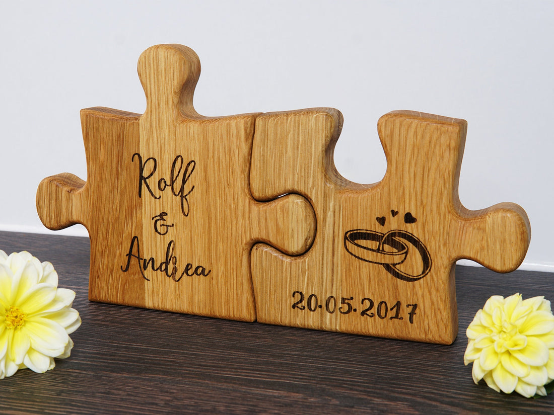 Wedding puzzle made of wood personalized as a gift for Couple