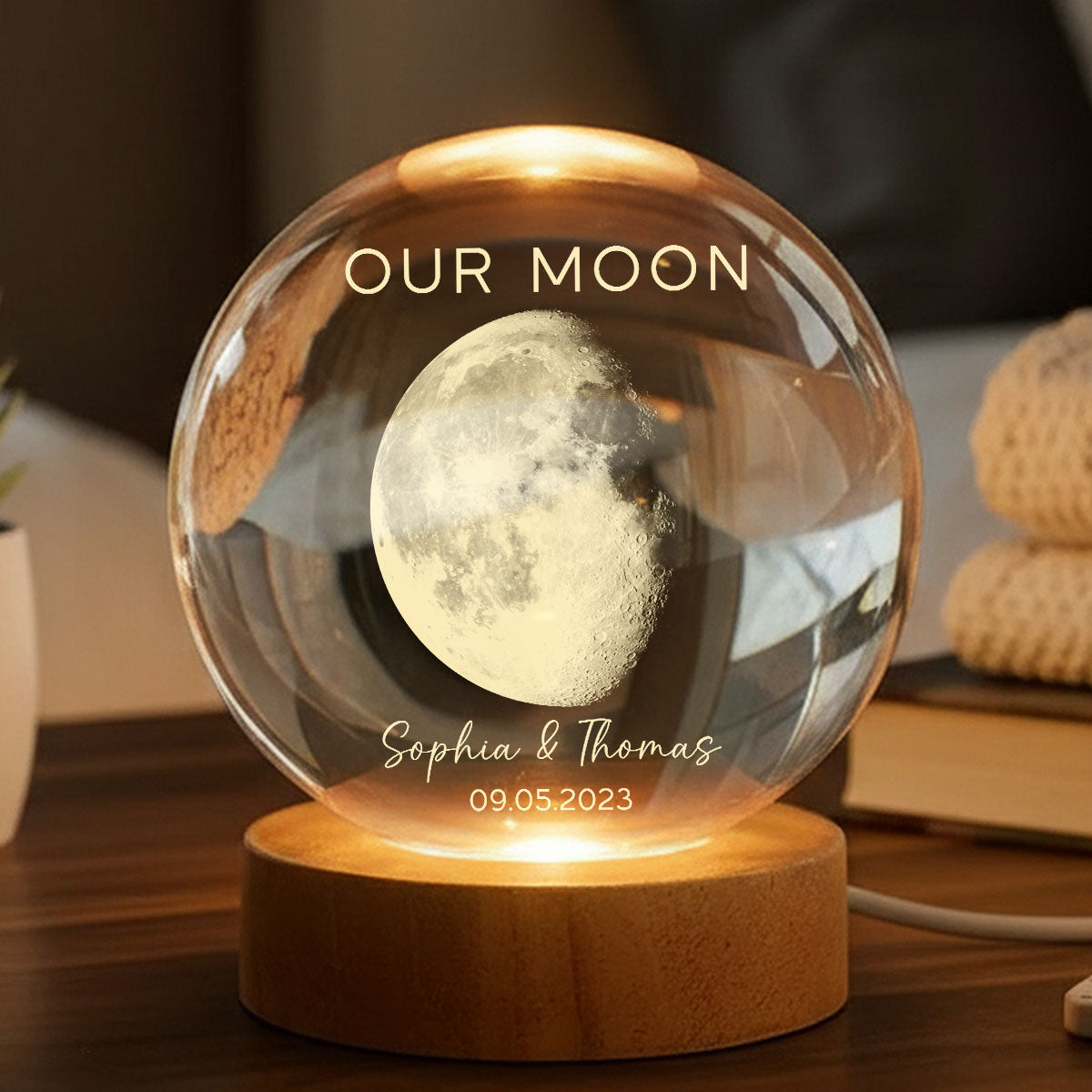 Our Moon Special Day Custom Moon Phase - Personalized Crystal Ball LED Night Light - Heartfelt Gift For Couple