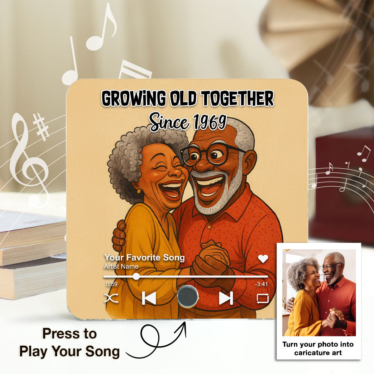 Caricature Couple Photo Personalized Music Fridge Magnet, Anniversary, Birthday, Just Because Gift for him, Gift for her