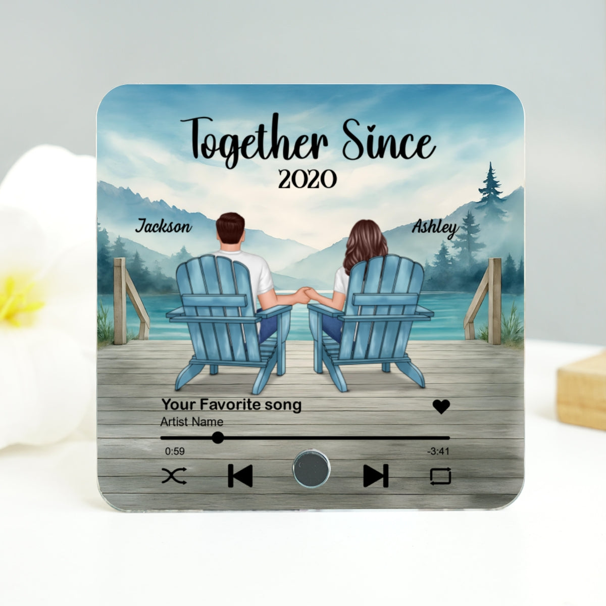 Lakeside Mountain Landscape Couple Back View Personalized Music Fridge Magnet, Anniversary Gift for Him for Her